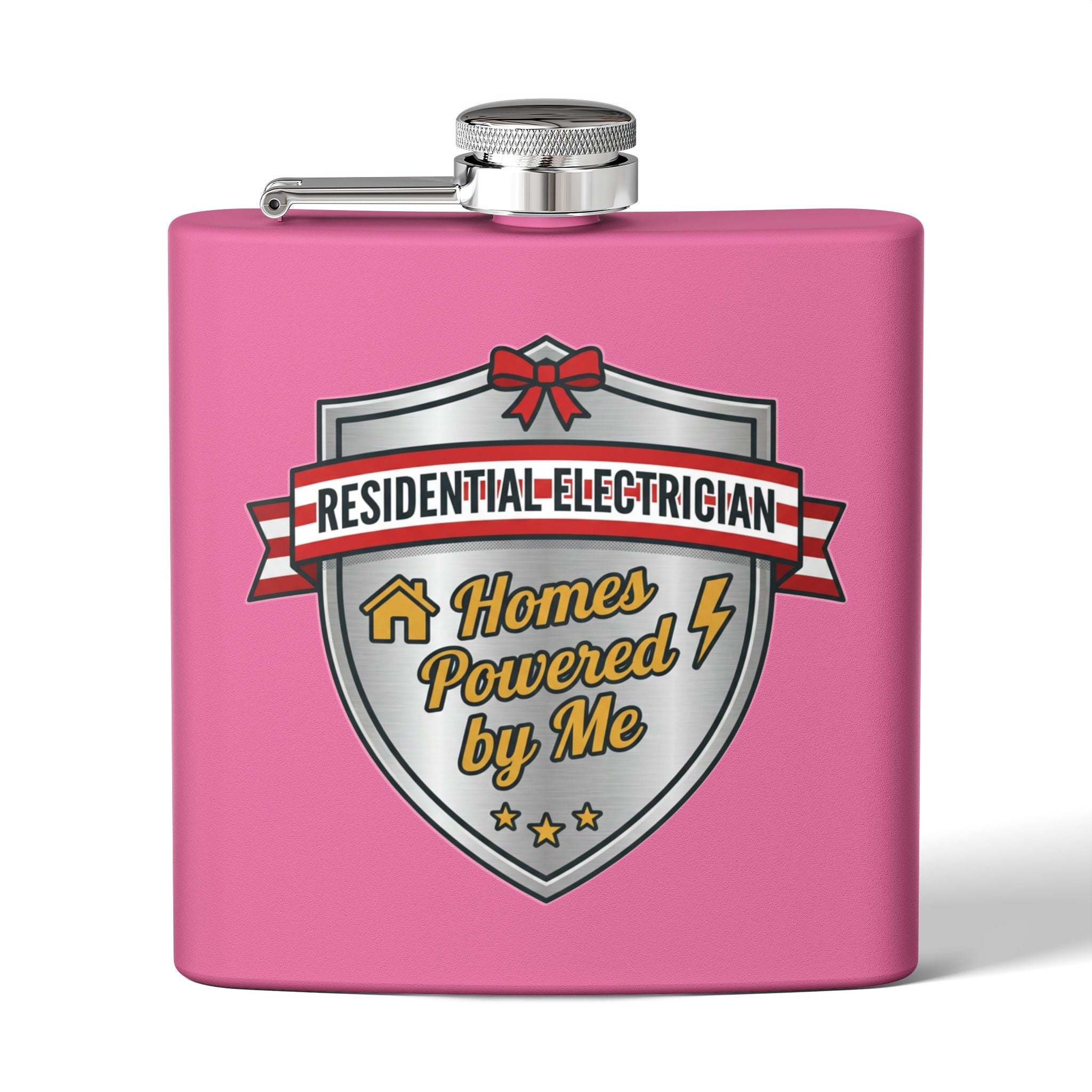 Flask — "Residential Electrician: Homes Powered by Me" (Shield Badge) 6oz Stainless Steel Hip Flask