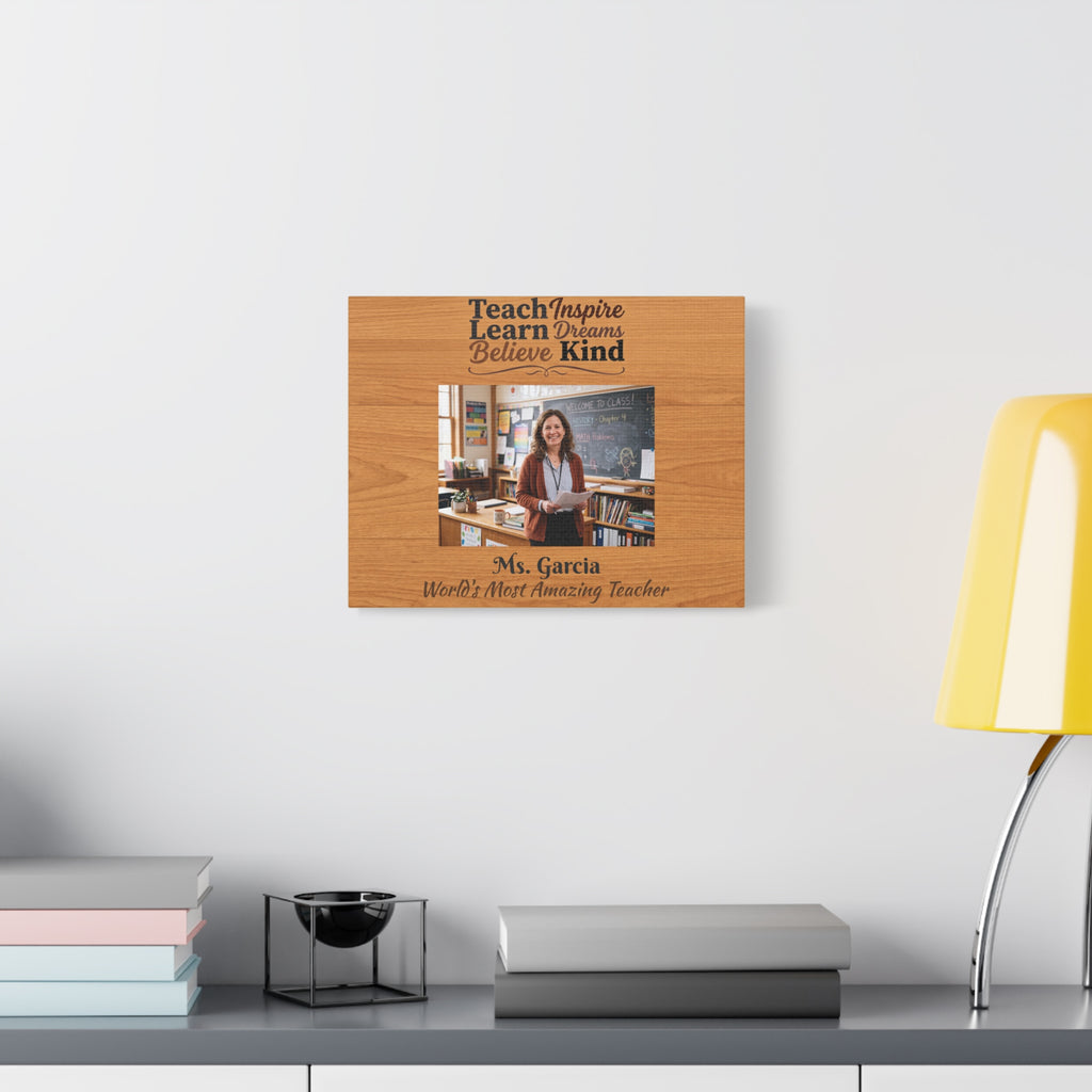 Personalized Teacher Canvas Print — Custom Photo, Name & Message Wood Grain Wall Art