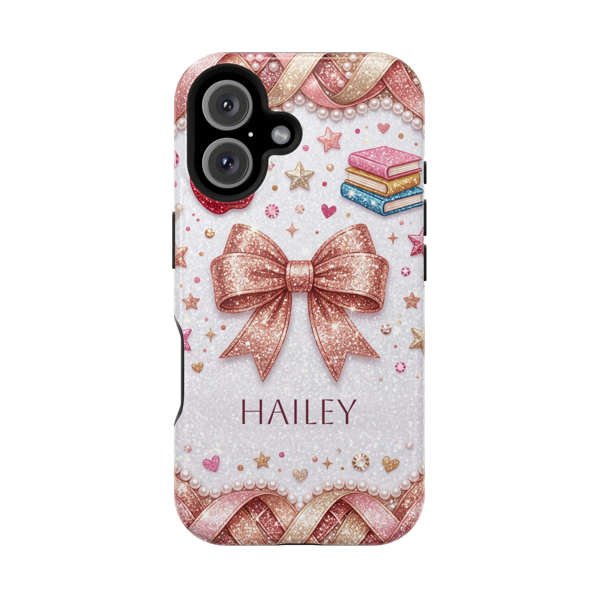 Rose Gold Glitter Bow Personalized Teacher Phone Case — Wireless Charging Cover