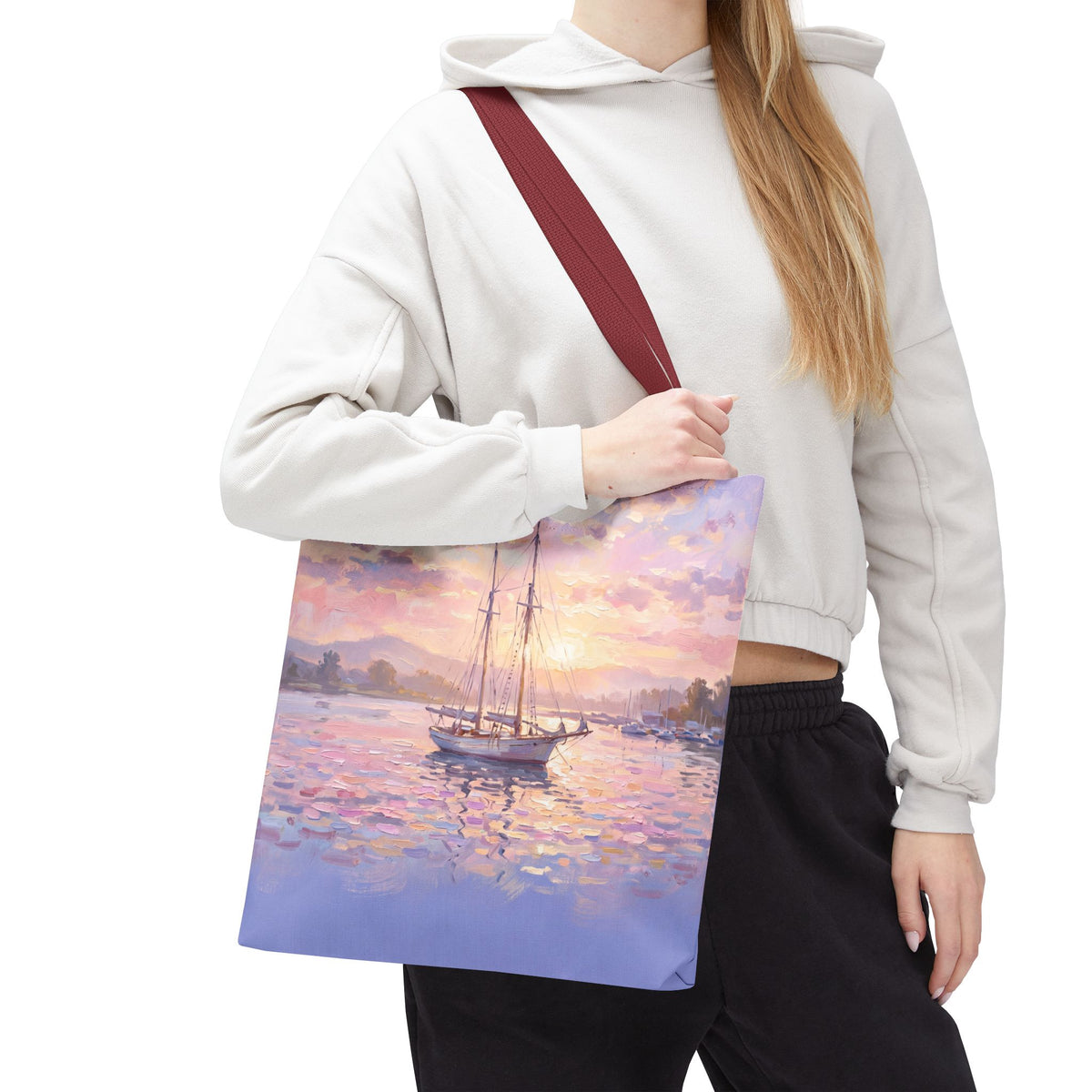 Pastel Sailboat Tote Bag – Impressionist Sunset Harbor Beach Bag