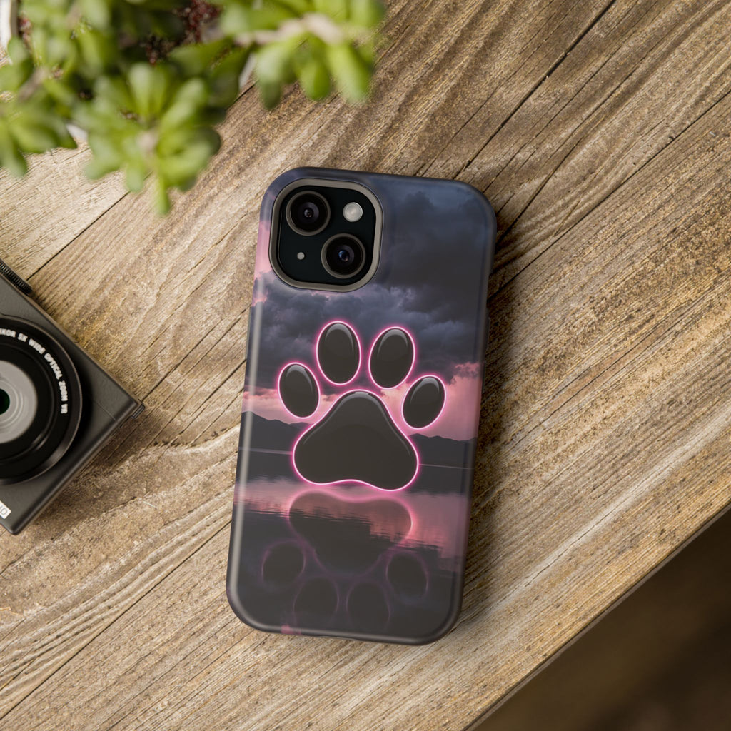 Neon Paw Print Phone Case — Impact-Resistant Wireless Charging Cover