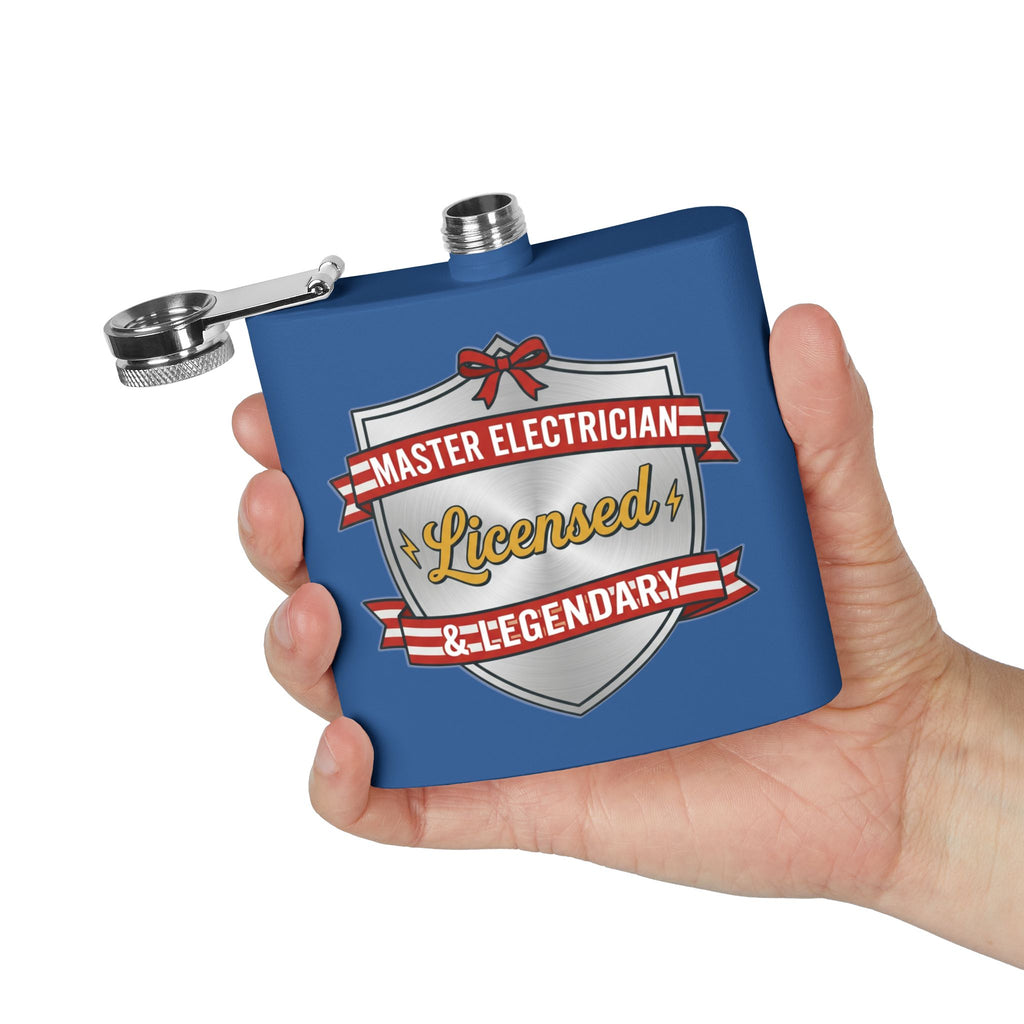 Flask — "Master Electrician: Licensed & Legendary" (Shield Badge) 6oz Stainless Steel Hip Flask
