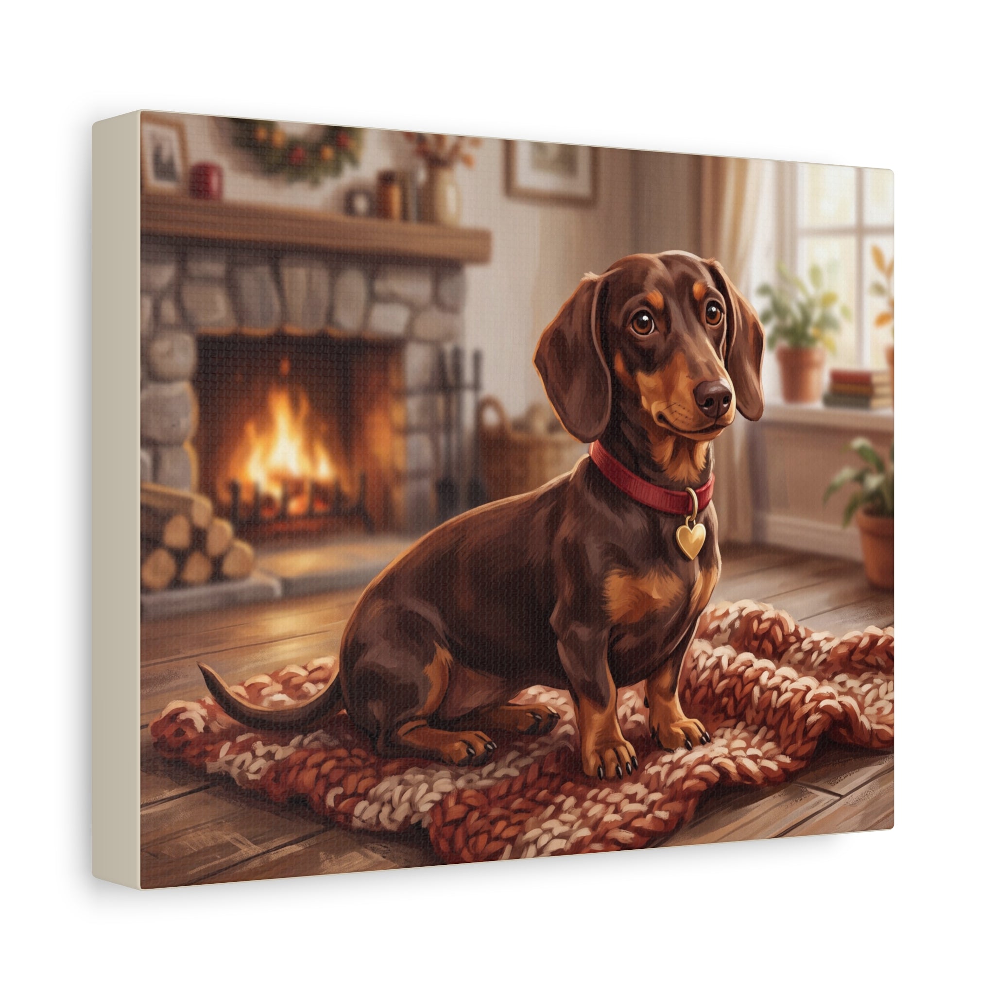 Dachshund Canvas Print | Cozy Fireside Dachshund Wall Art | Dog Lover Home Decor