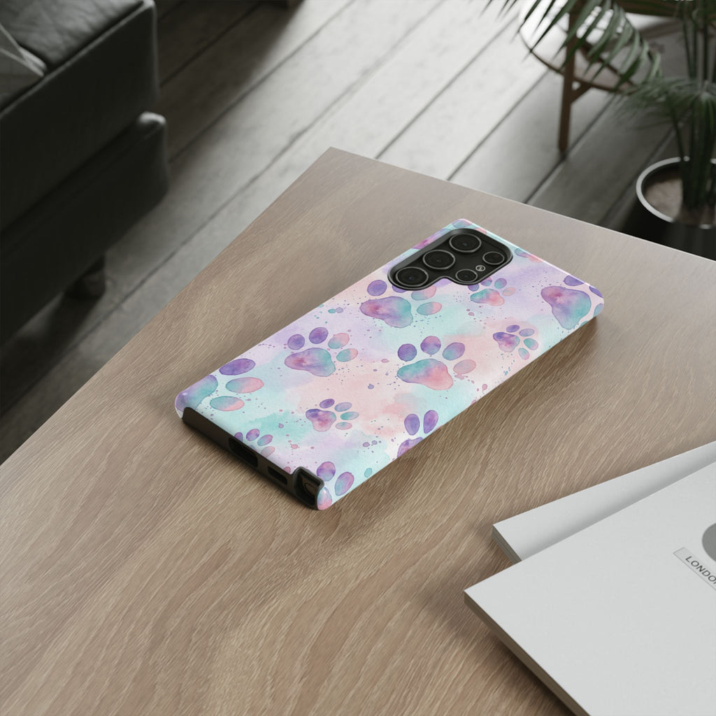 Watercolor Paw Print Phone Case | Pastel Purple, Teal & Pink Artistic Pattern | Samsung & iPhone