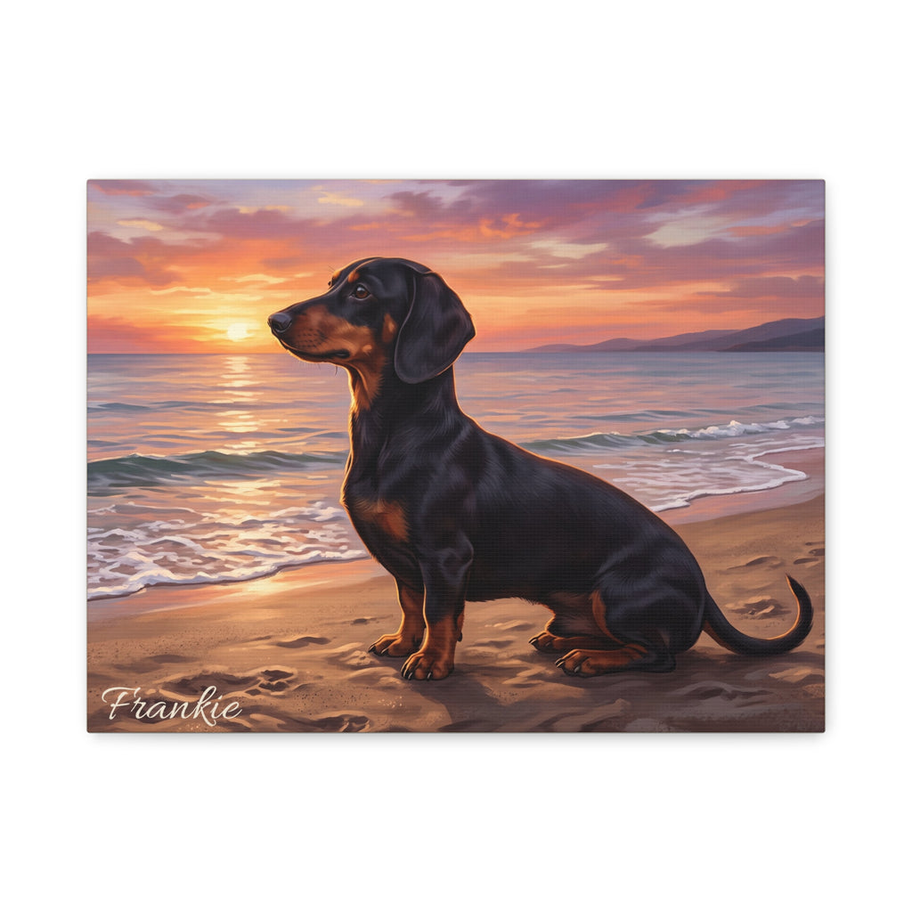 Personalized Dachshund Canvas — Coastal Sunset Scene