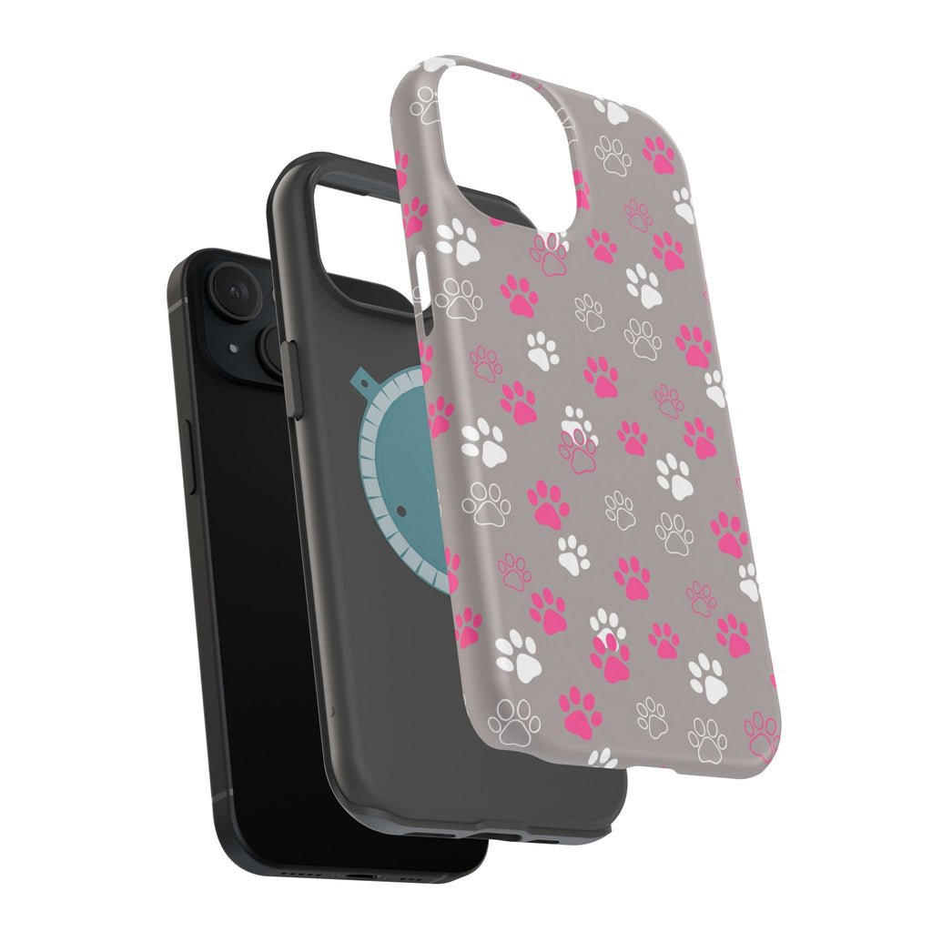 Pink & White Paw Print Phone Case — Impact-Resistant Wireless Charging Cover