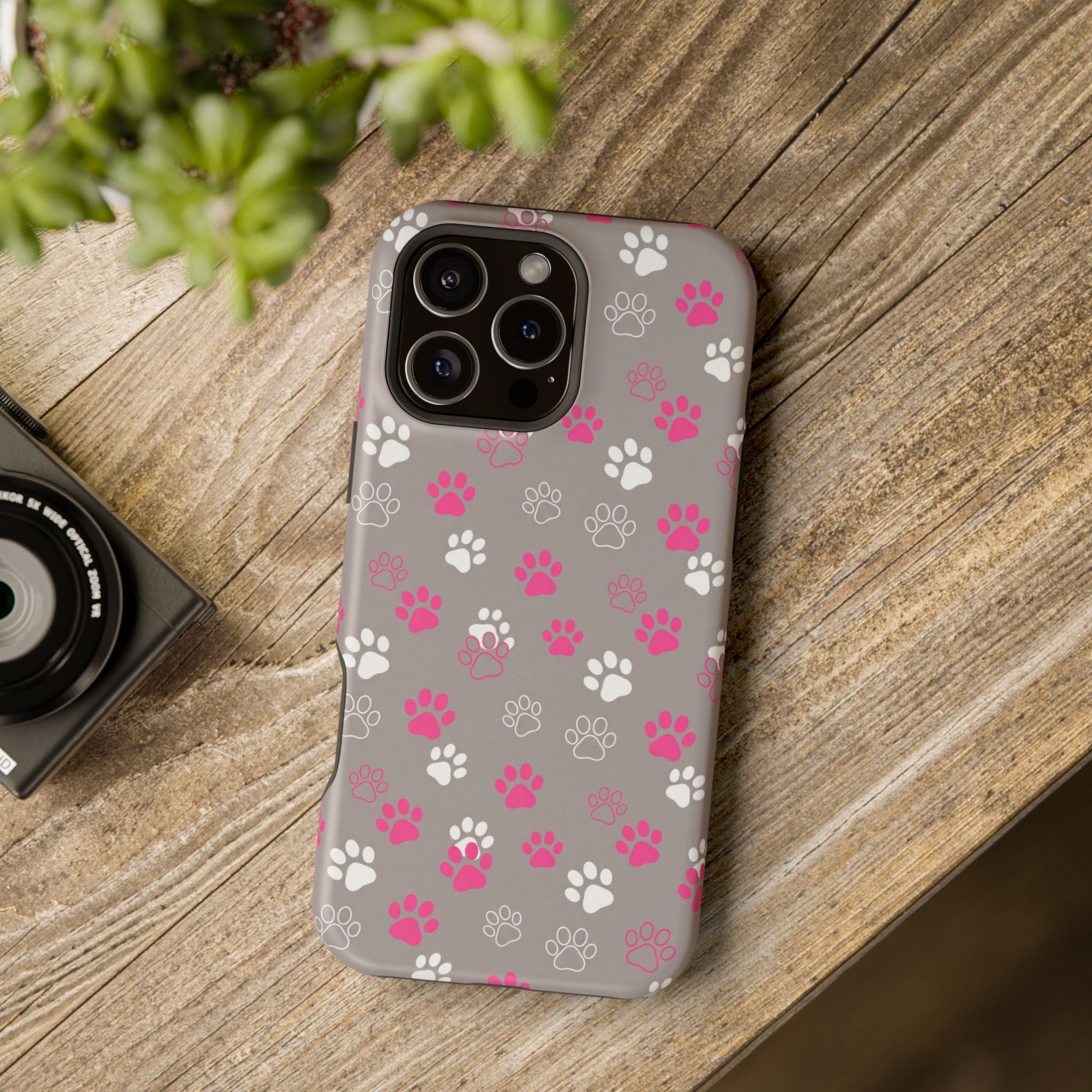 Pink & White Paw Print Phone Case — Impact-Resistant Wireless Charging Cover