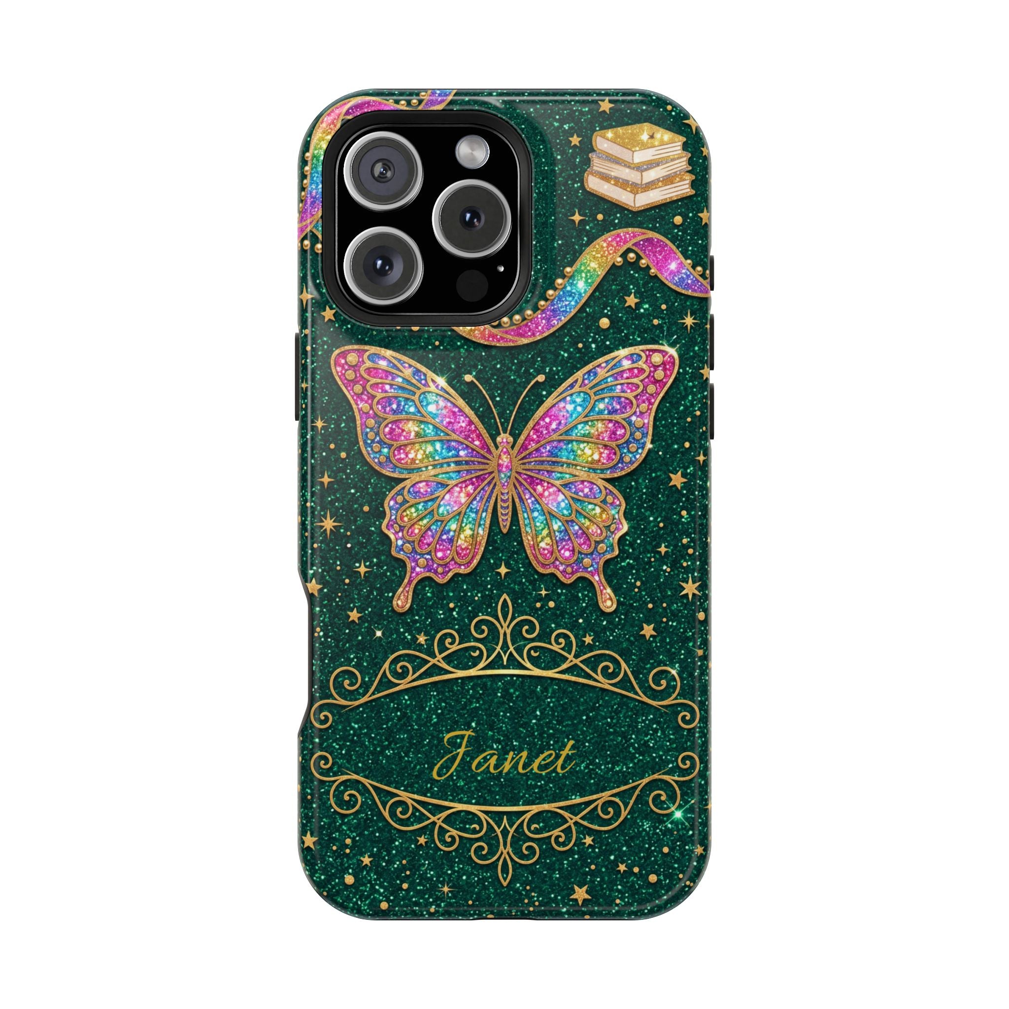 Rainbow Glitter Butterfly Personalized Teacher Phone Case — Wireless Charging Cover