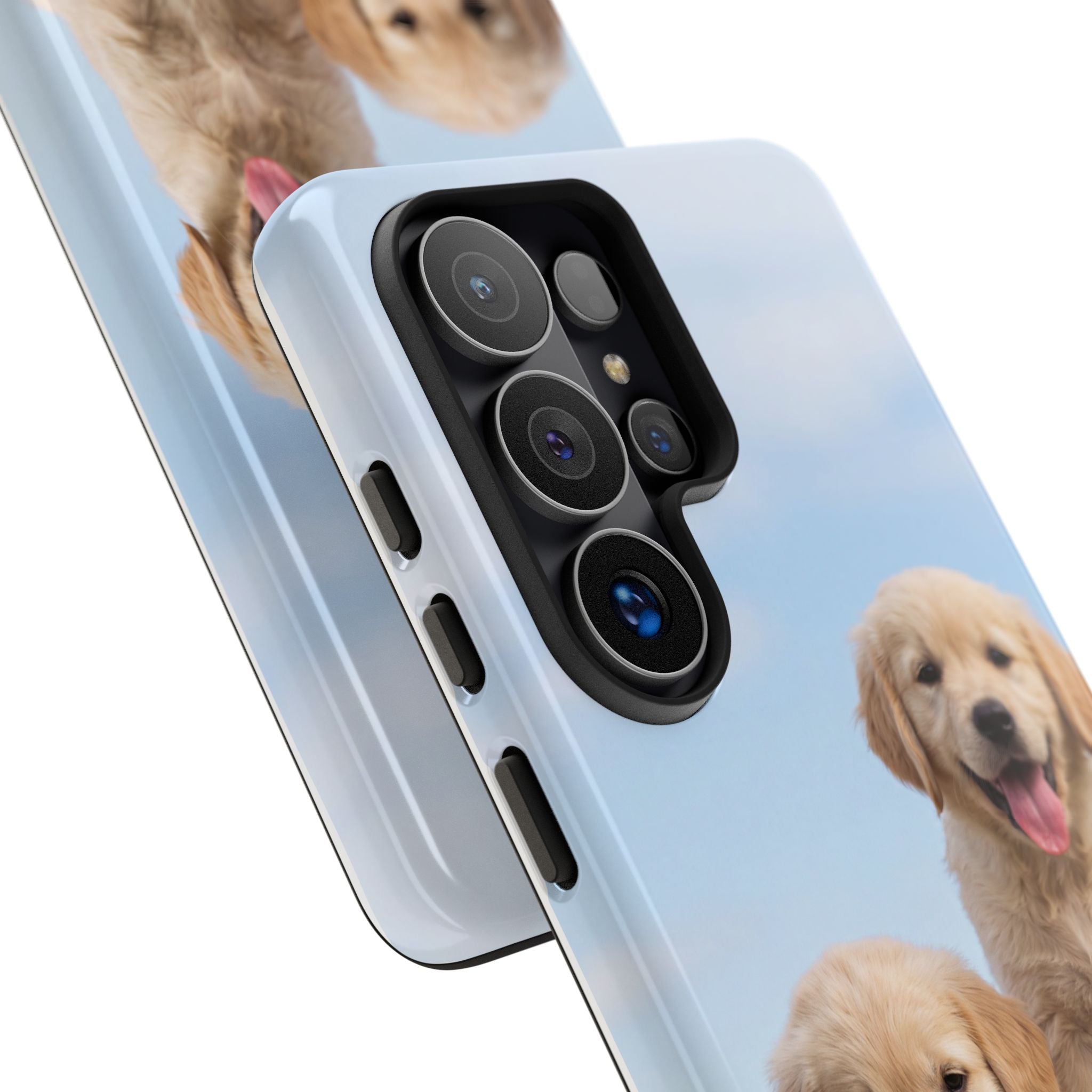 Golden Retriever Puppies on Barrel Phone Case | Cute Duo Under Blue Sky | iPhone & Samsung