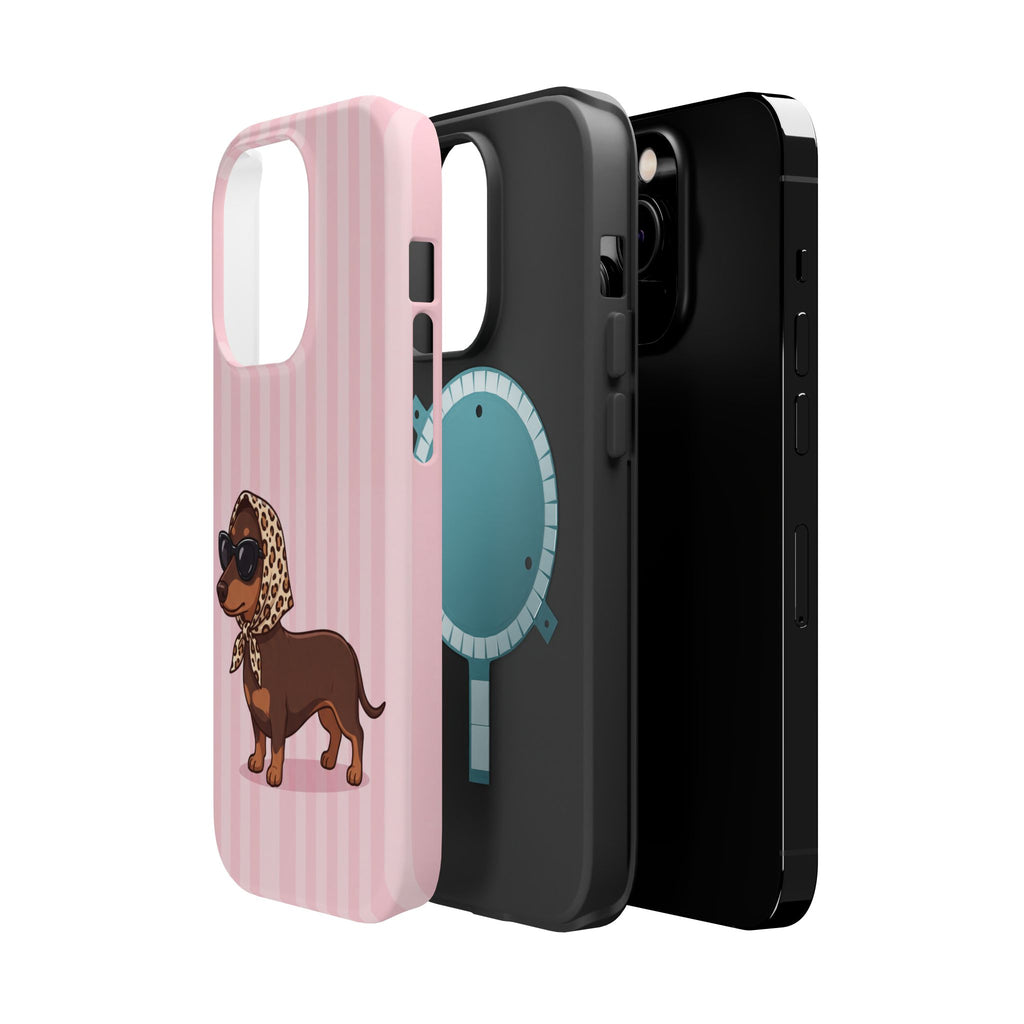 Glam Dachshund Phone Case | Cute Sausage Dog in Leopard Scarf & Sunglasses | Pink Stripe Case for iPhone & Samsung