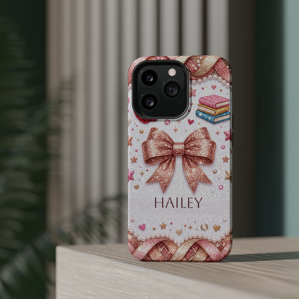 Rose Gold Glitter Bow Personalized Teacher Phone Case — Wireless Charging Cover