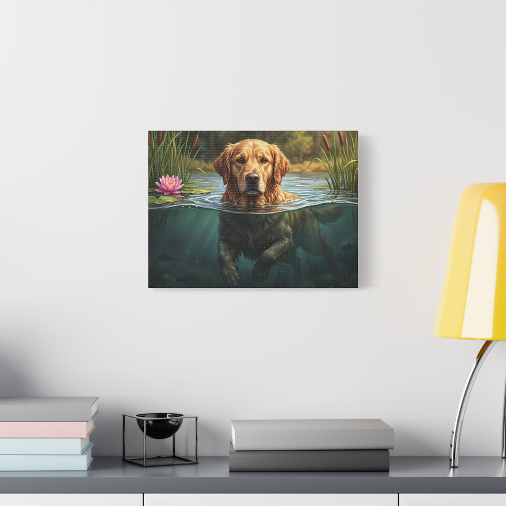 Golden Retriever Swimming Matte Canvas Wall Art — Dog Portrait Stretched Print