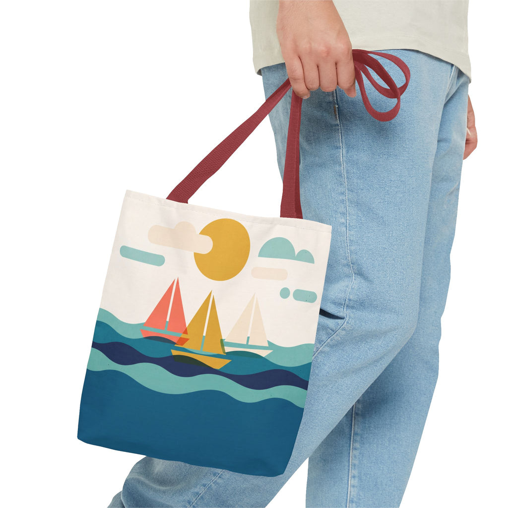 Minimalist Sailboat Tote Bag – Mid-Century Modern Ocean Waves Beach Bag