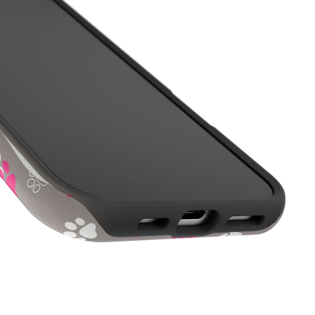 Pink & White Paw Print Phone Case — Impact-Resistant Wireless Charging Cover