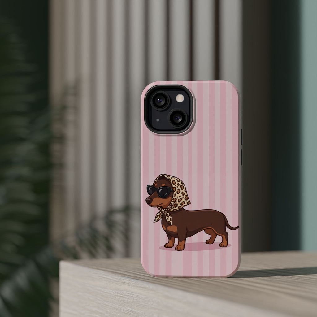Glam Dachshund Phone Case | Cute Sausage Dog in Leopard Scarf & Sunglasses | Pink Stripe Case for iPhone & Samsung
