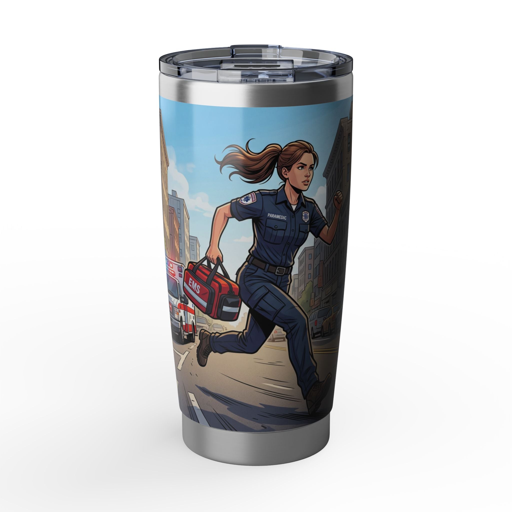 Paramedic/EMT 20oz Tumbler – Female Paramedic Running Illustration in Daytime