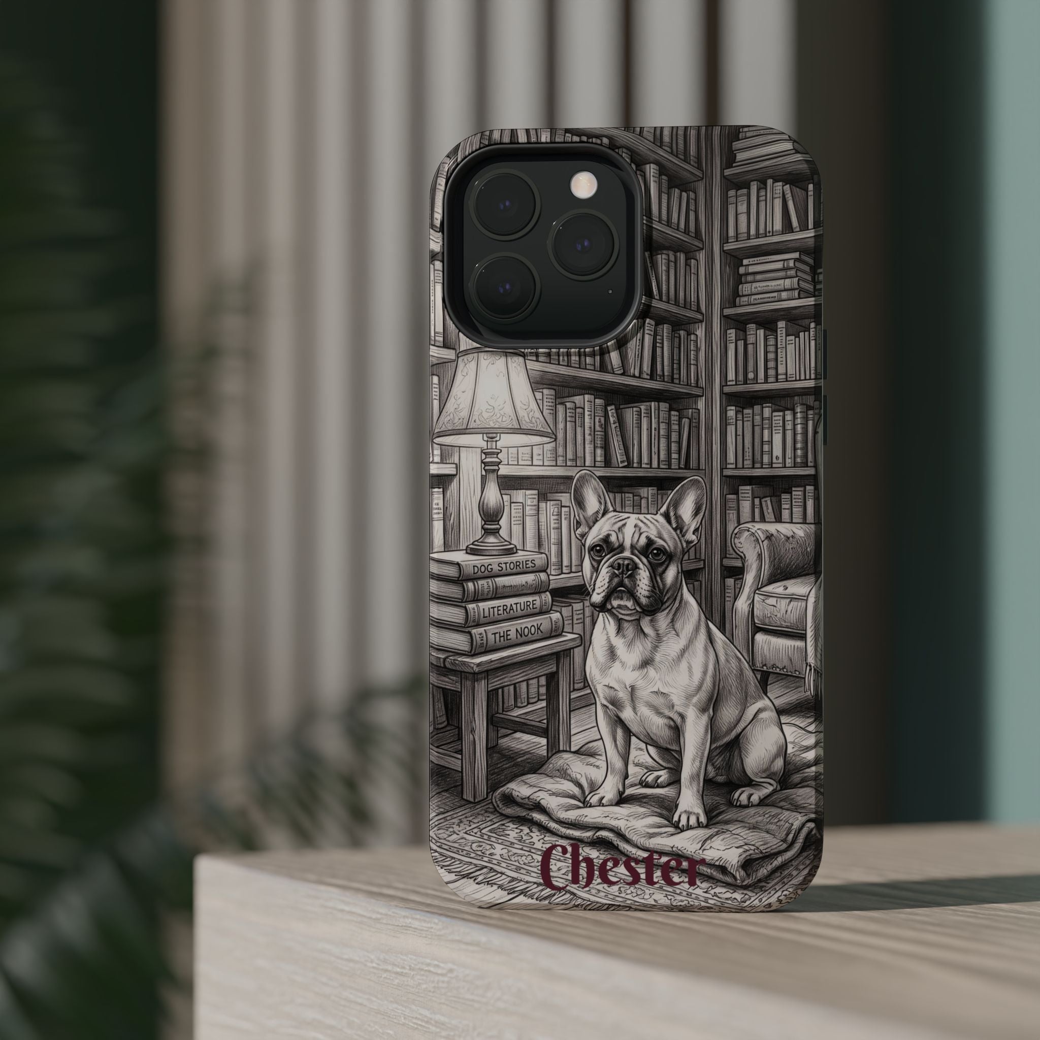 Personalized French Bulldog Library Study Phone Case — Wireless Charging Cover