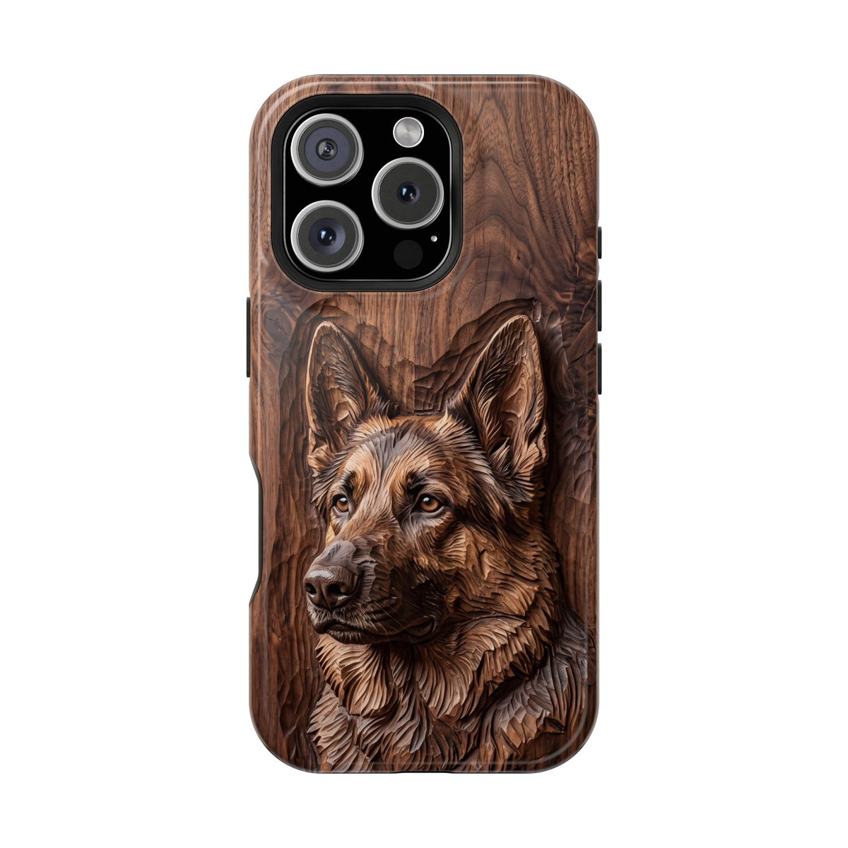 German Shepherd Phone Case | Carved Walnut Art — Tough Magnetic Case with Wireless Charging