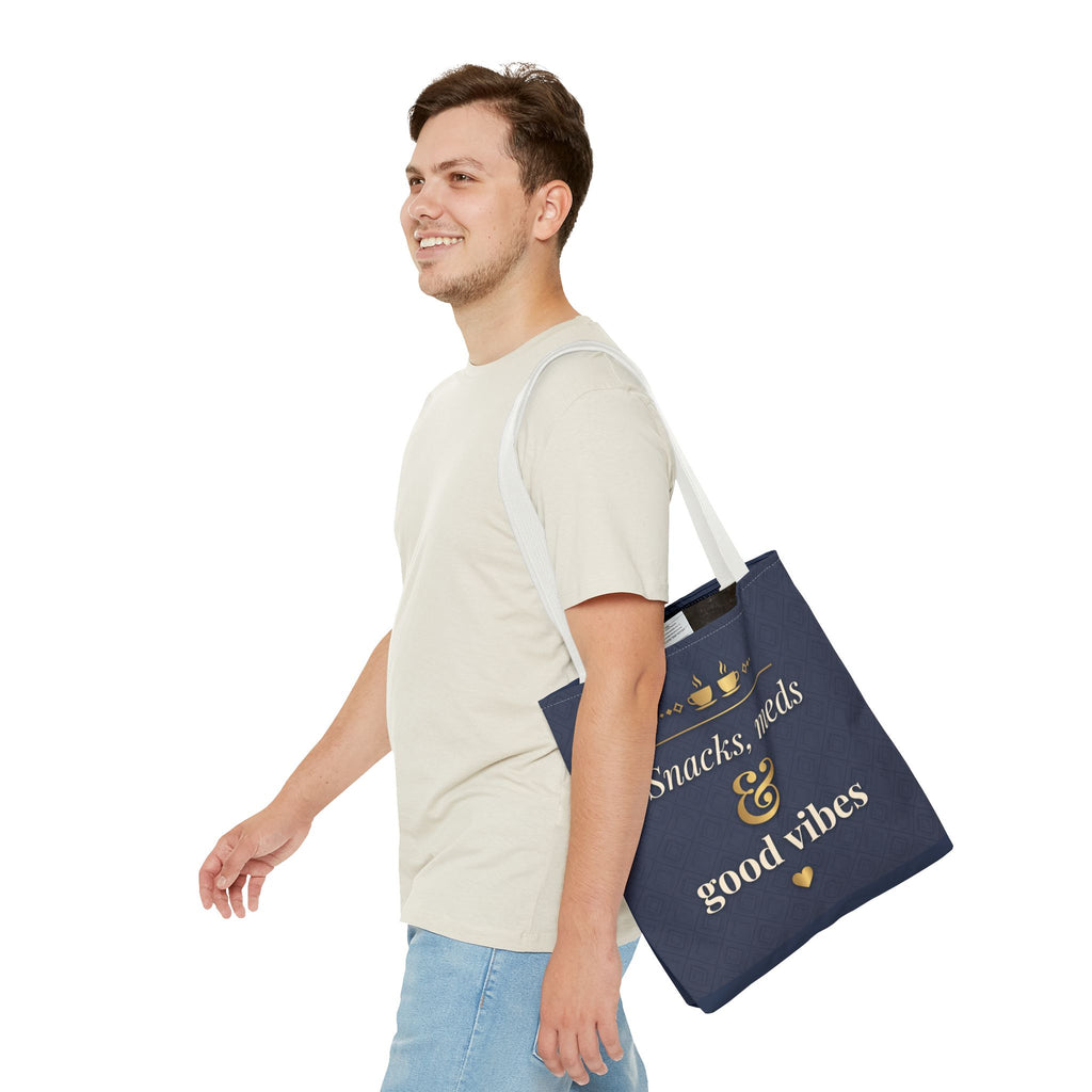 Snacks Meds & Good Vibes Tote | Funny Nurse Gift Tote Bag | Healthcare Worker Humour Gift | Premium Polyester Carry-All