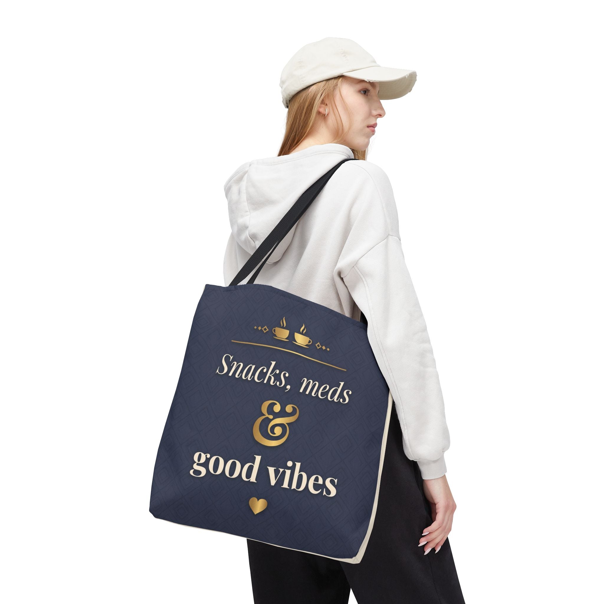 Snacks Meds & Good Vibes Tote | Funny Nurse Gift Tote Bag | Healthcare Worker Humour Gift | Premium Polyester Carry-All
