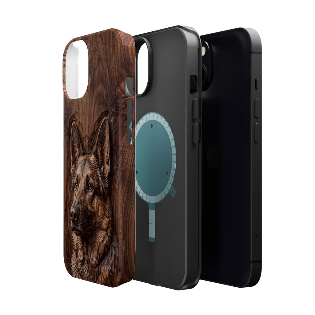 German Shepherd Phone Case | Carved Walnut Art — Tough Magnetic Case with Wireless Charging