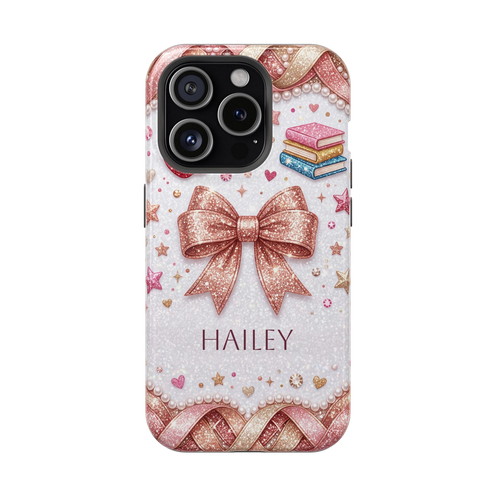 Rose Gold Glitter Bow Personalized Teacher Phone Case — Wireless Charging Cover