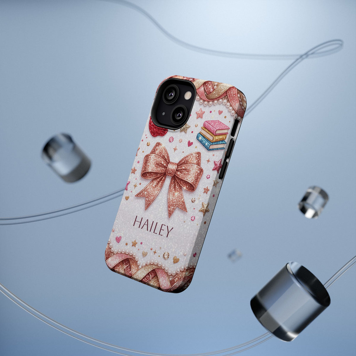 Rose Gold Glitter Bow Personalized Teacher Phone Case — Wireless Charging Cover