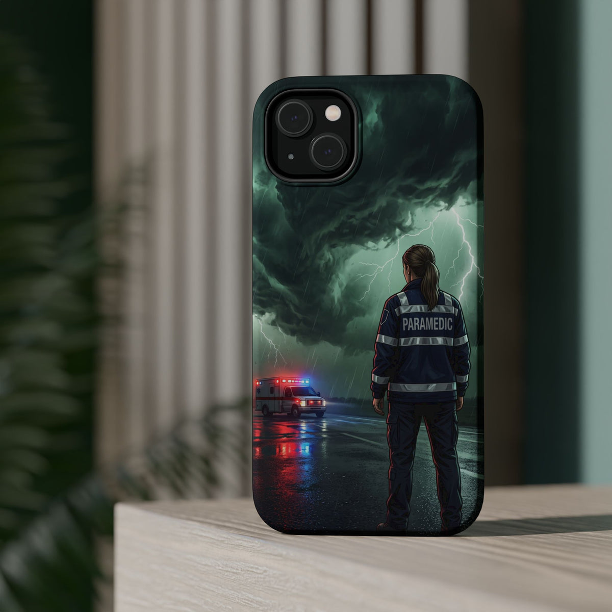 Female Paramedic Green Storm Phone Case — Magnetic Wireless Charging Cover