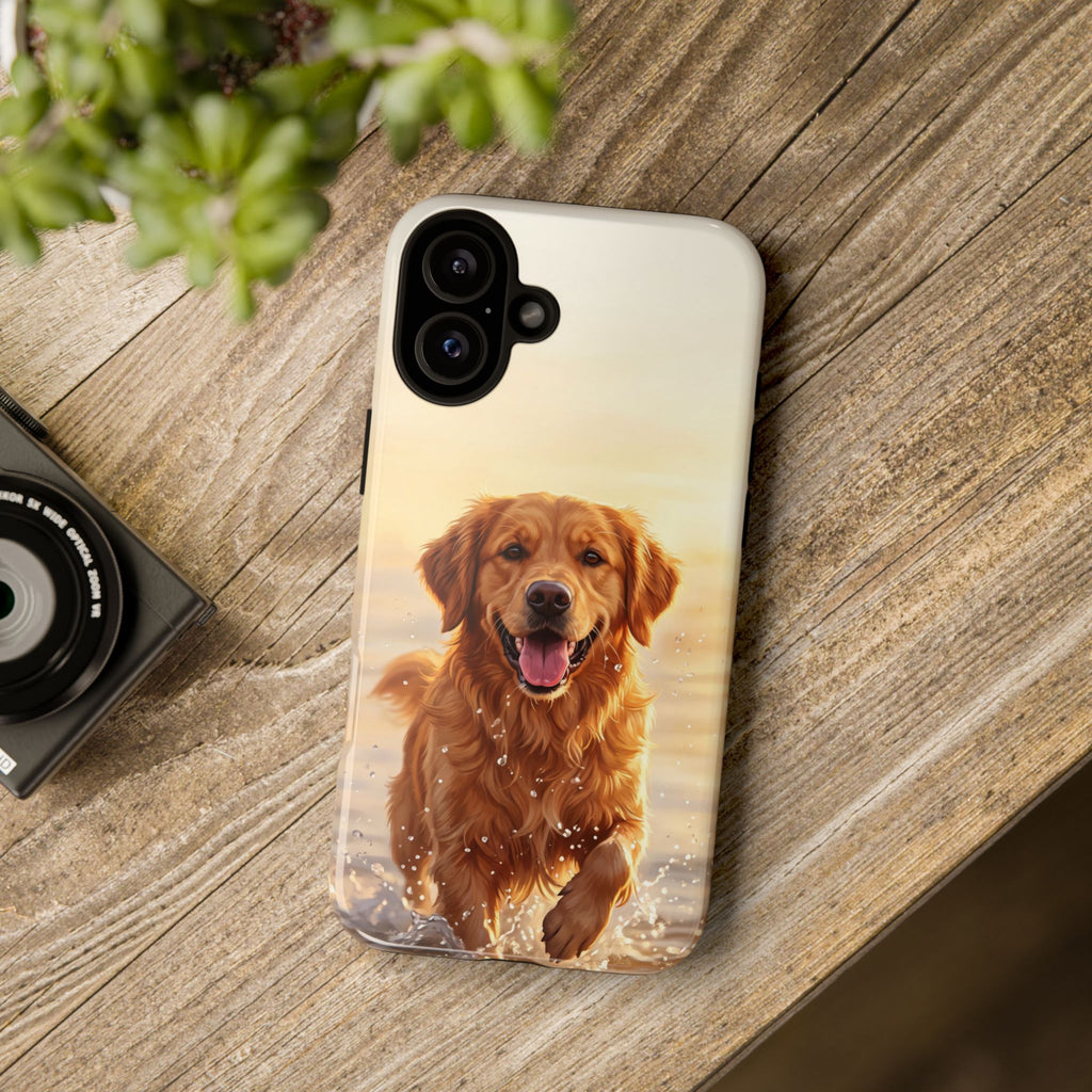 Golden Retriever Splashing in Water Phone Case | Joyful Dog at Golden Hour | iPhone & Samsung