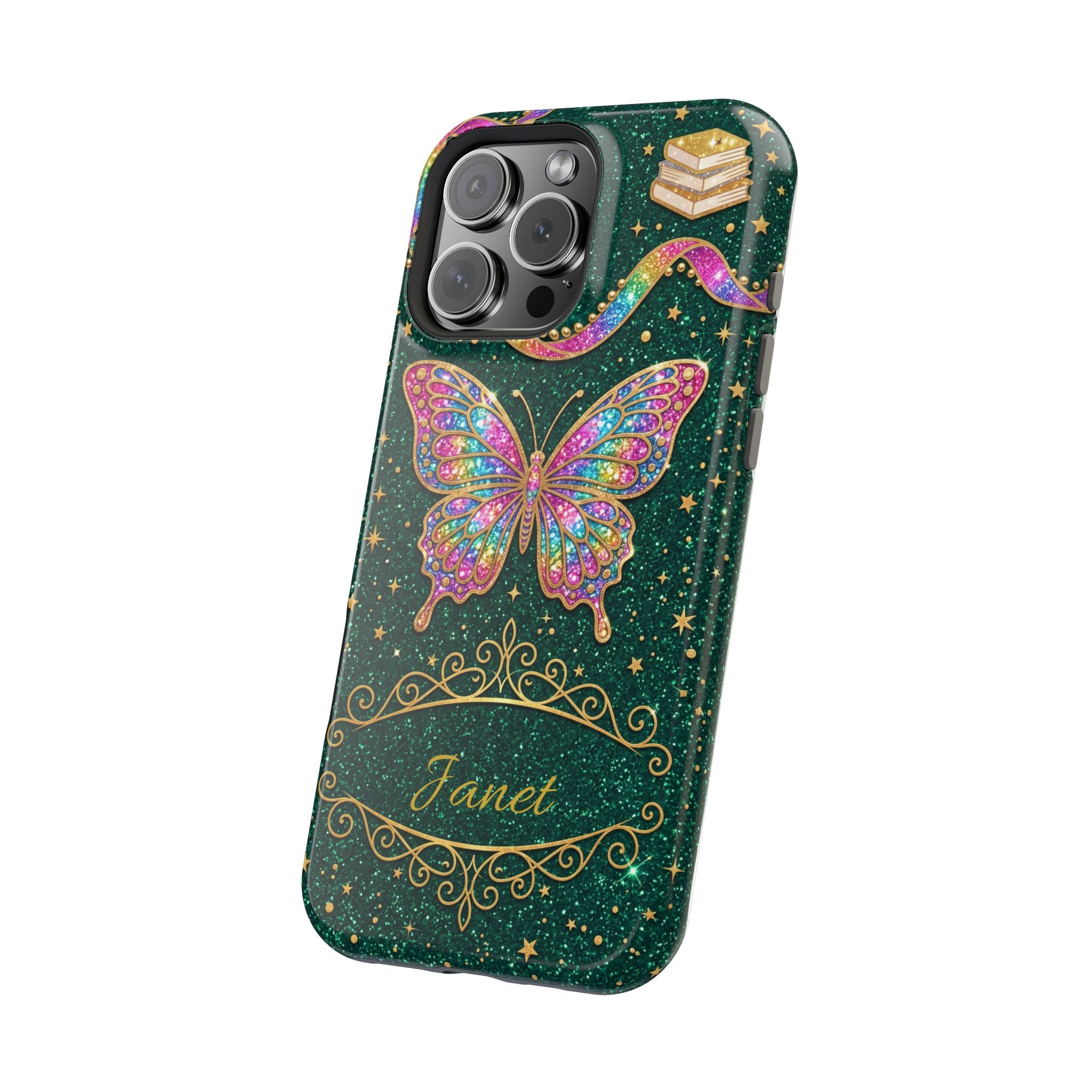 Rainbow Glitter Butterfly Personalized Teacher Phone Case — Wireless Charging Cover