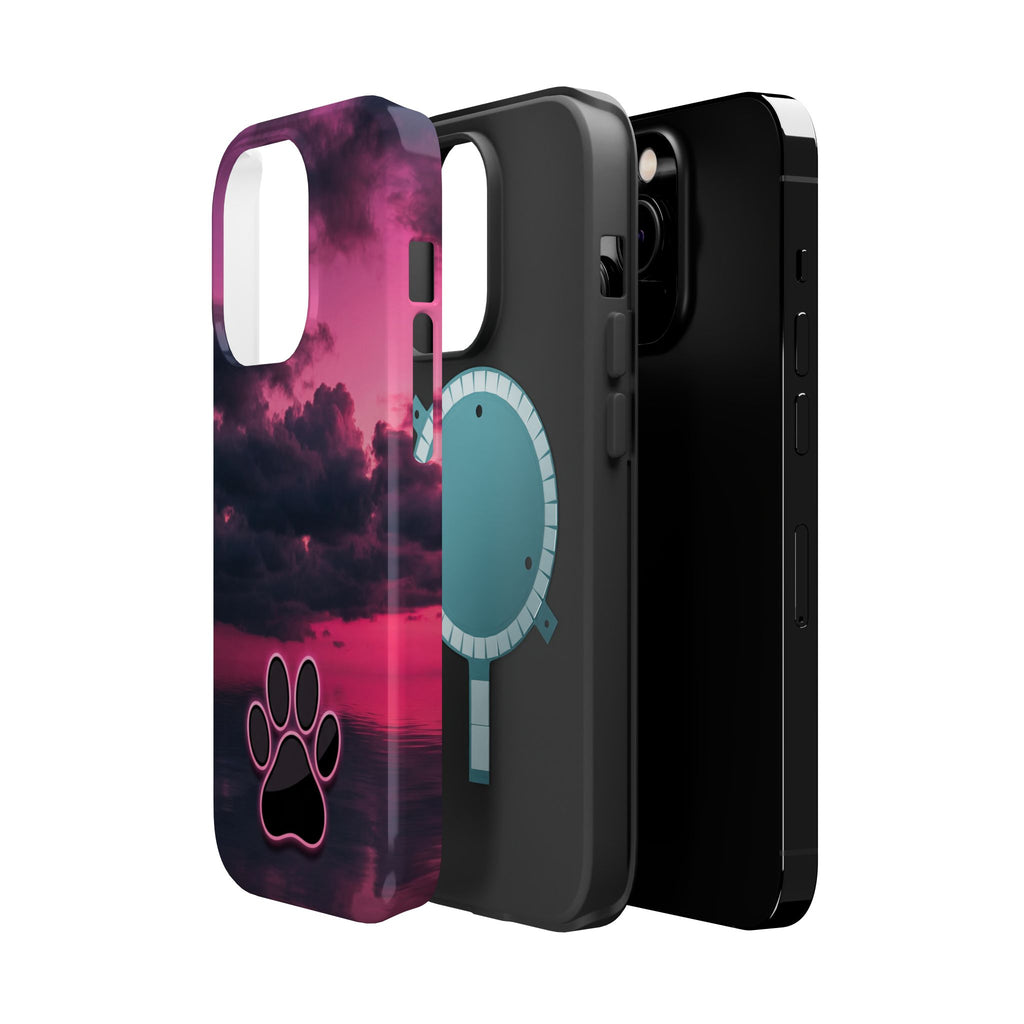 iPhone & Samsung Magnetic Impact-Resistant Phone Case — Pink Twilight Cloud with Paw Print