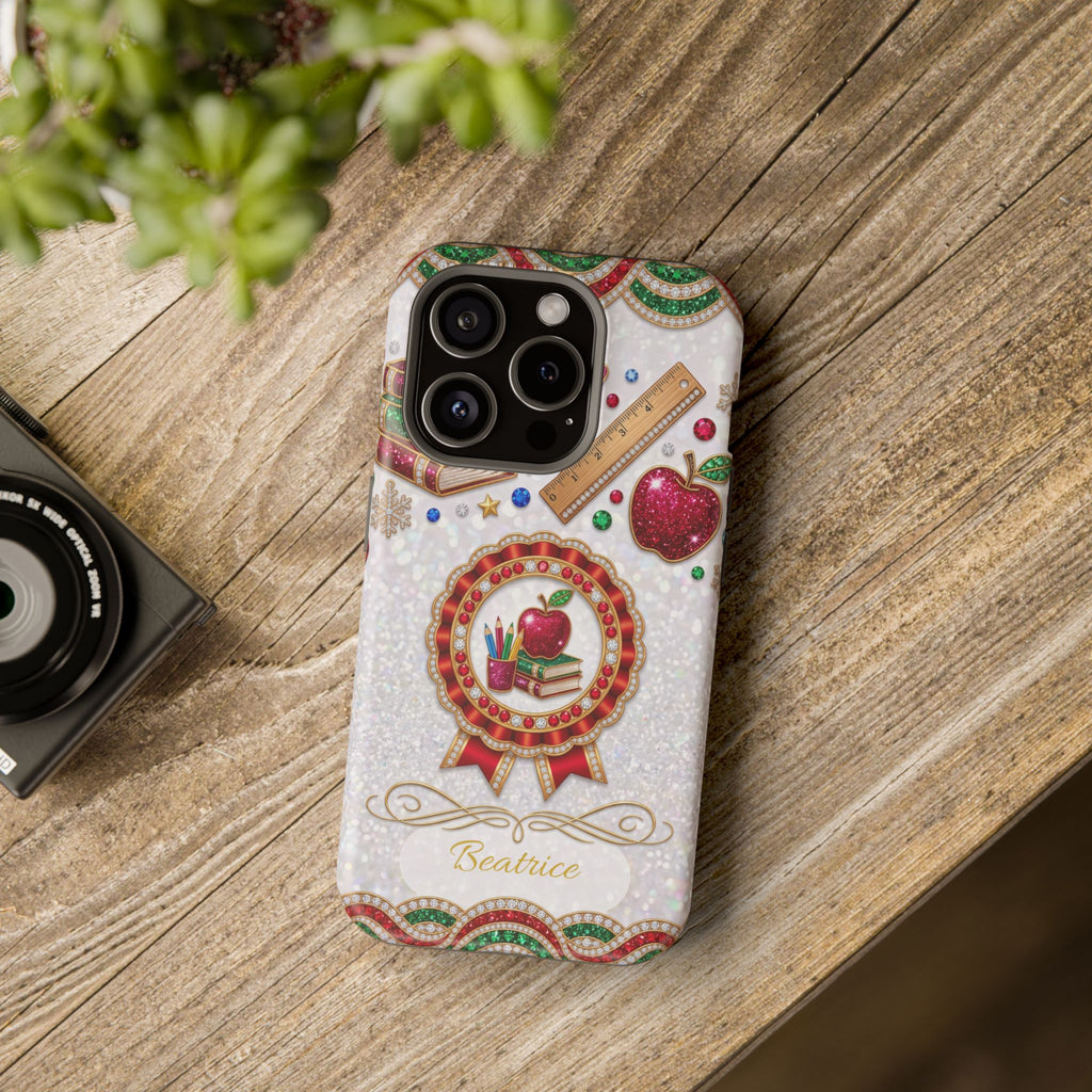 Jeweled Apple Medallion Personalized Teacher Phone Case — Wireless Charging Cover