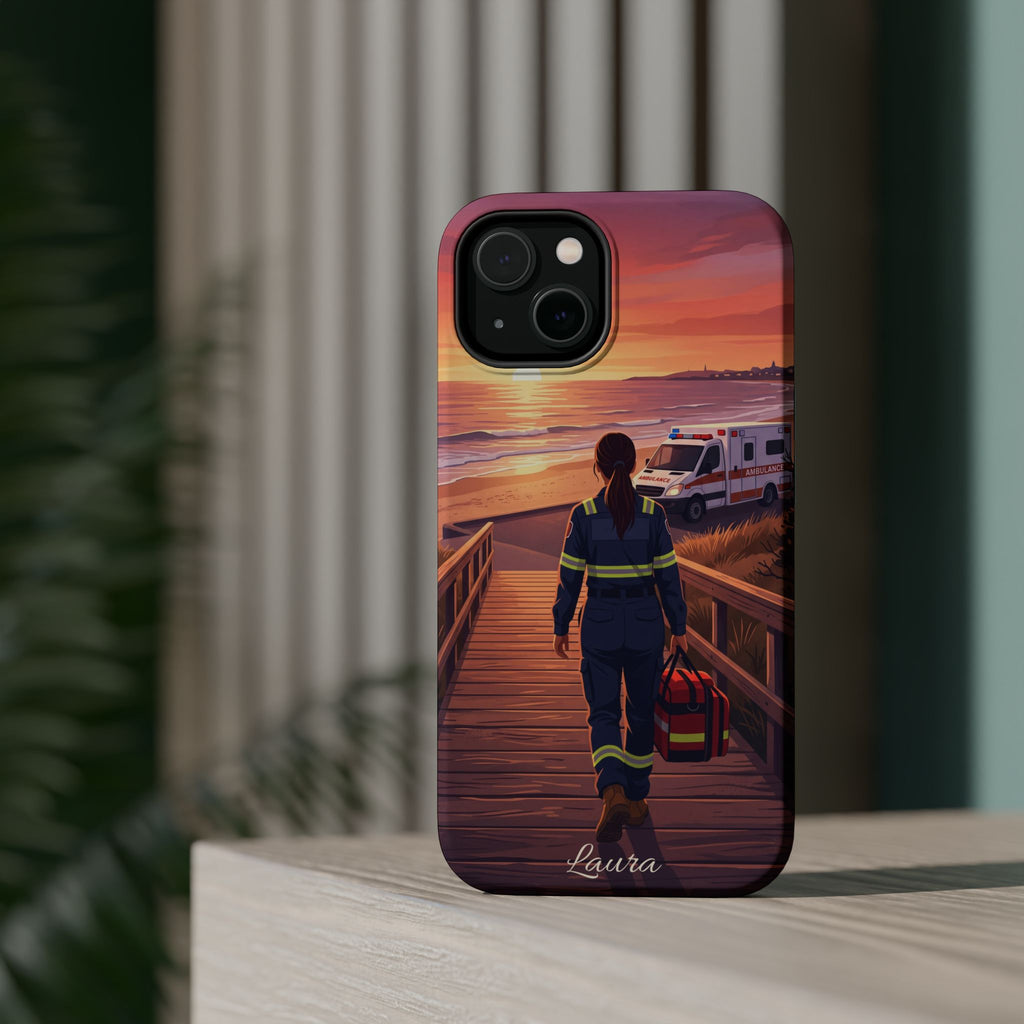 Sunset Boardwalk Personalized Paramedic Phone Case — Wireless Charging Cover