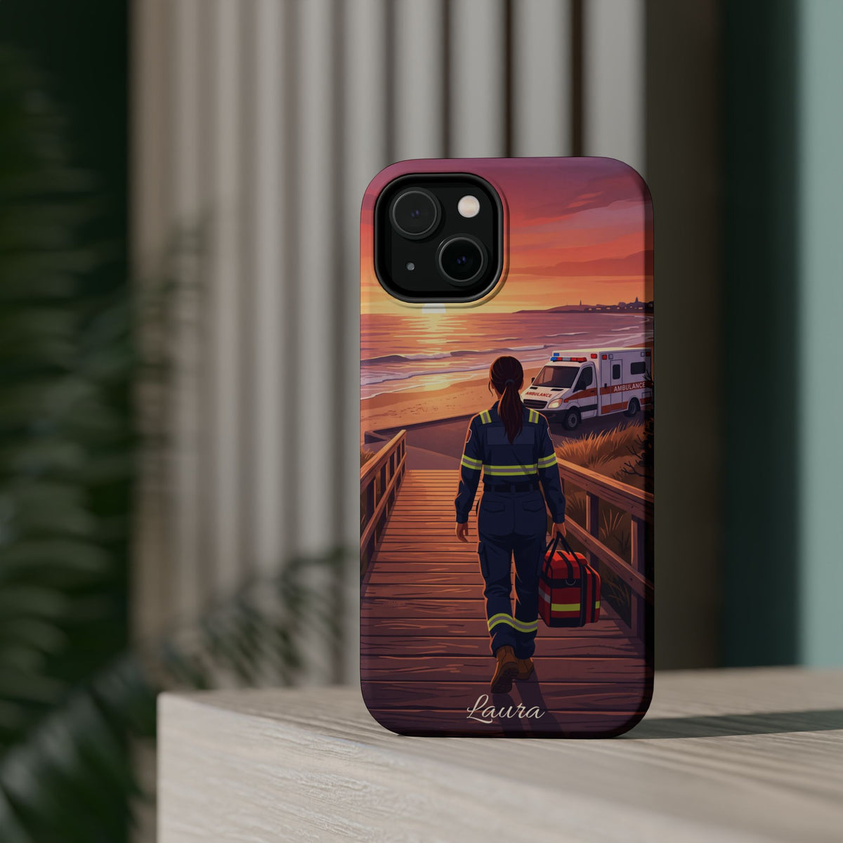 Sunset Boardwalk Personalized Paramedic Phone Case — Wireless Charging Cover