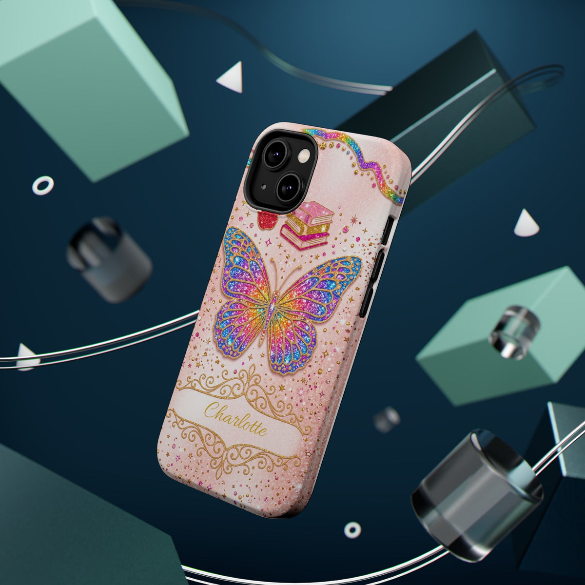 Blush Glitter Butterfly Personalized Teacher Phone Case — Wireless Charging Cover