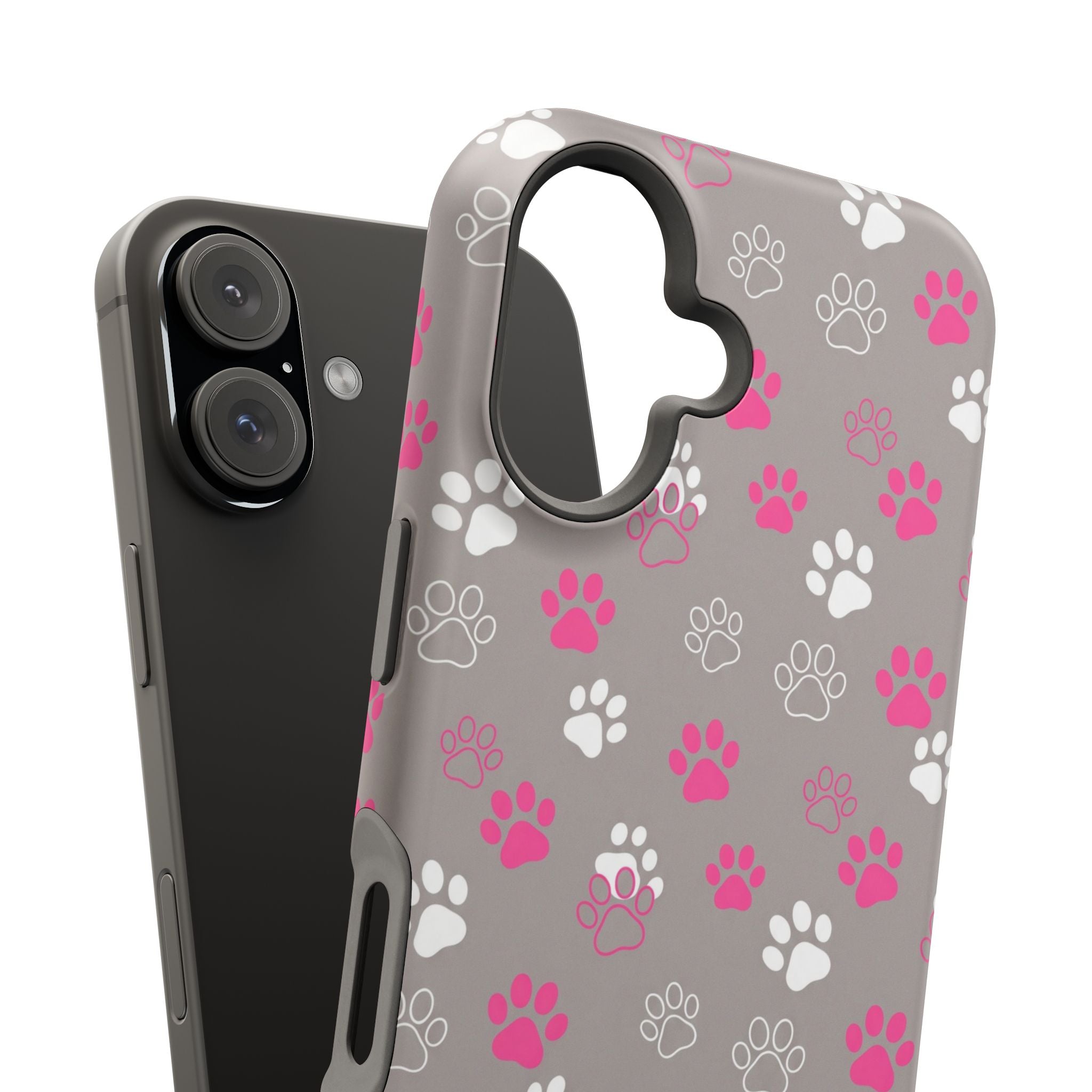 Pink & White Paw Print Phone Case — Impact-Resistant Wireless Charging Cover