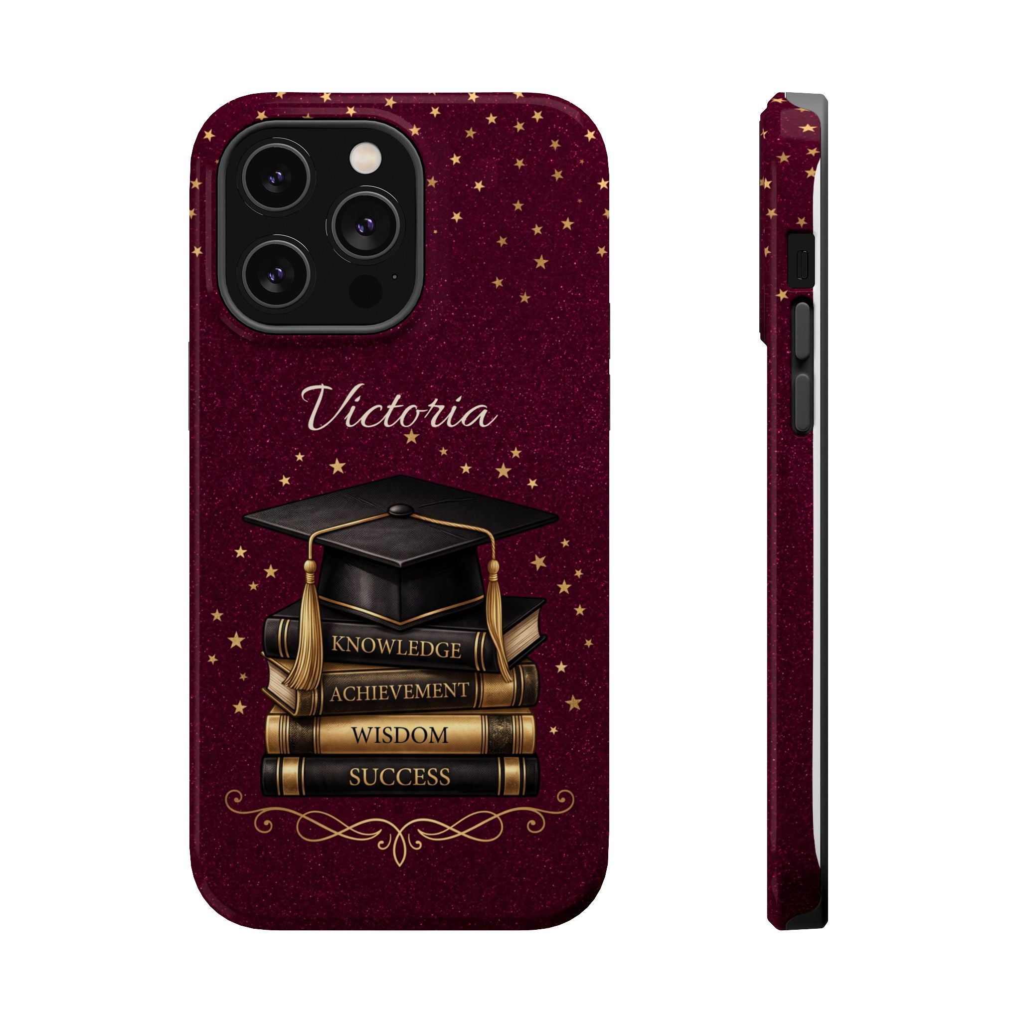 Graduation Cap & Books Personalized Teacher Phone Case — Wireless Charging Cover
