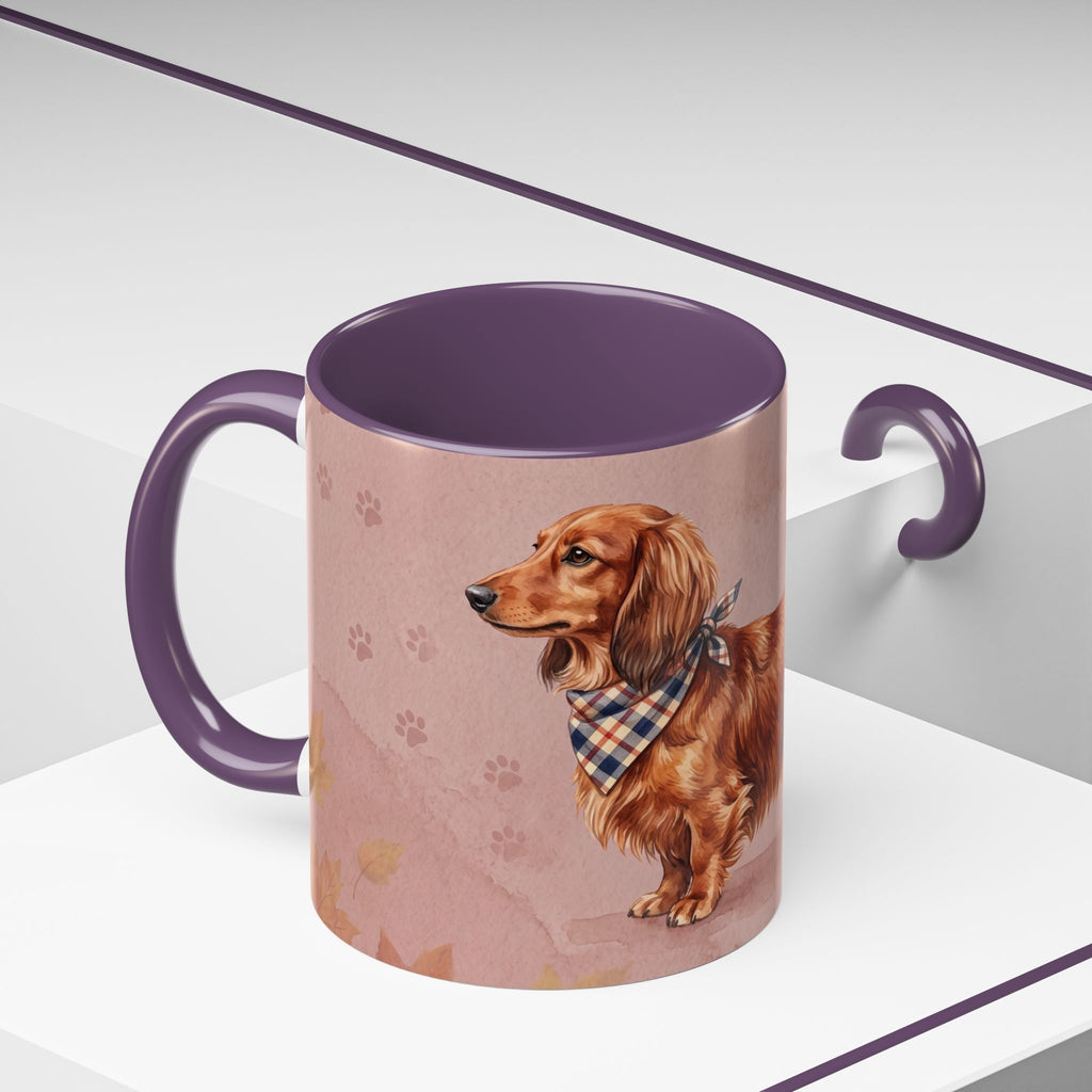 Dachshund Lover Mug | Long-Haired Wiener Dog with Plaid Bandana, Dusty Rose Watercolor Dog Gift