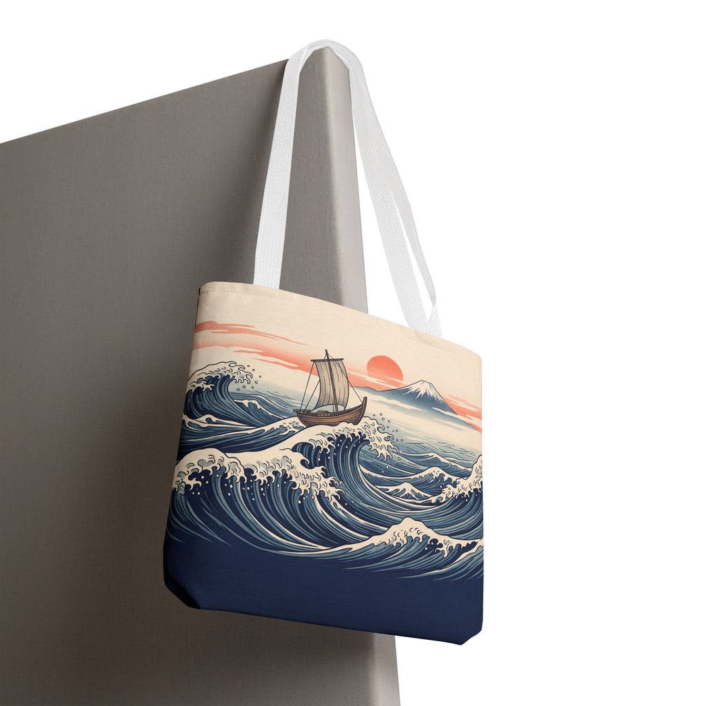 Japanese Wave Sailboat Tote Bag – Woodblock Style Ocean Beach Bag