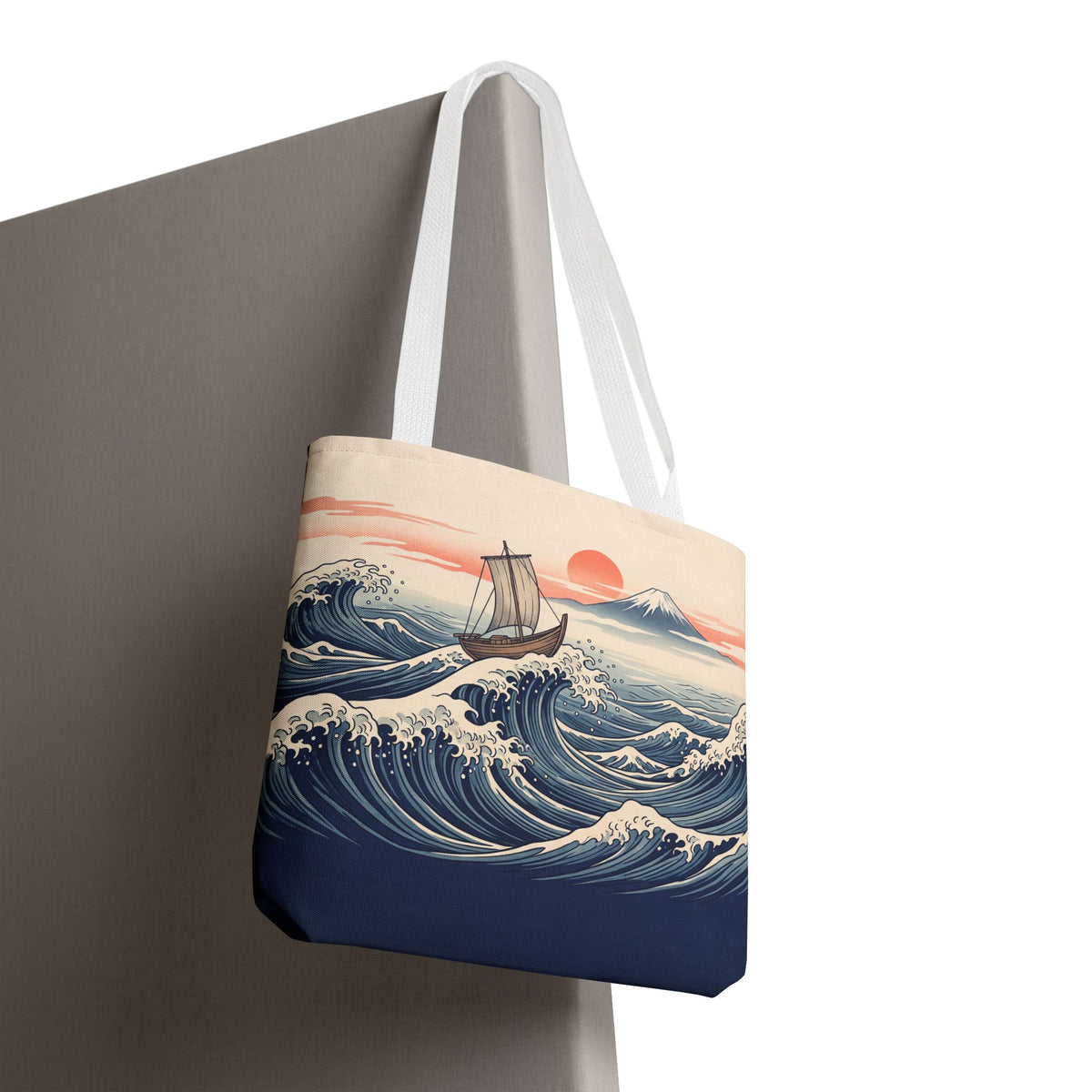 Japanese Wave Sailboat Tote Bag – Woodblock Style Ocean Beach Bag