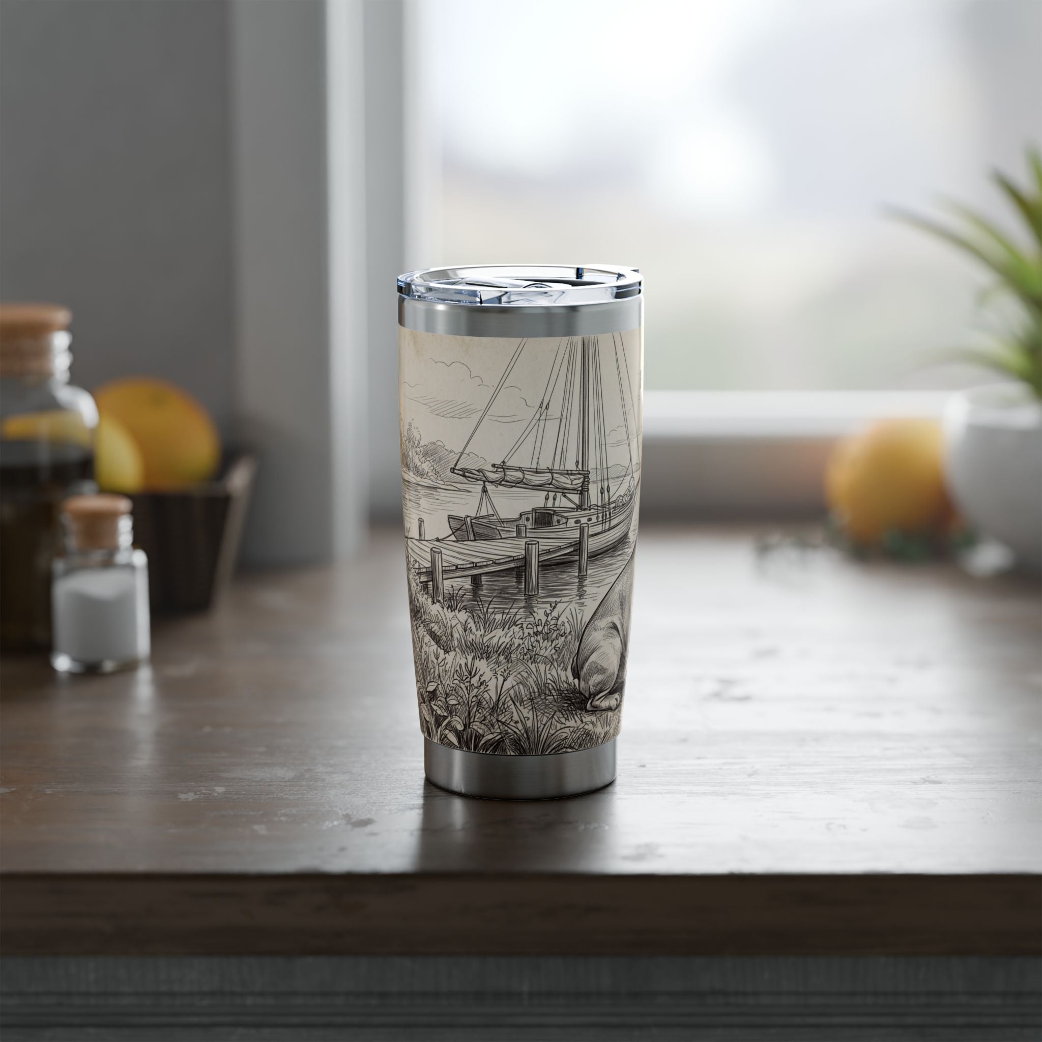 Nautical Frenchie Stainless Tumbler — 20 oz Personalized Travel Mug with Sailboat Harbour Design