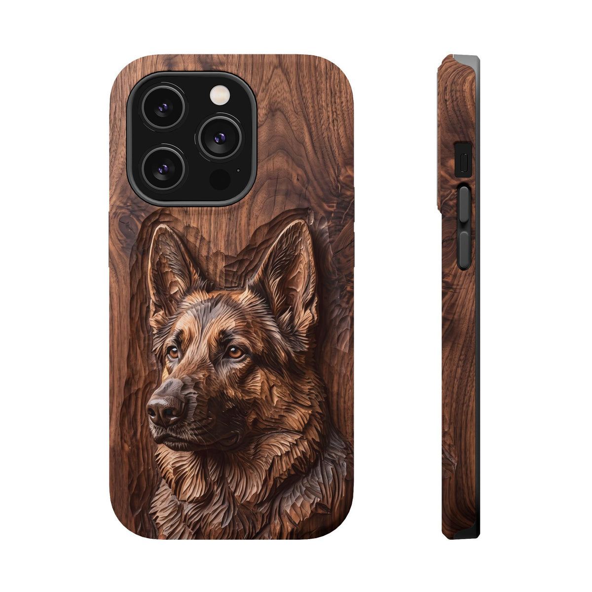 German Shepherd Phone Case | Carved Walnut Art — Tough Magnetic Case with Wireless Charging