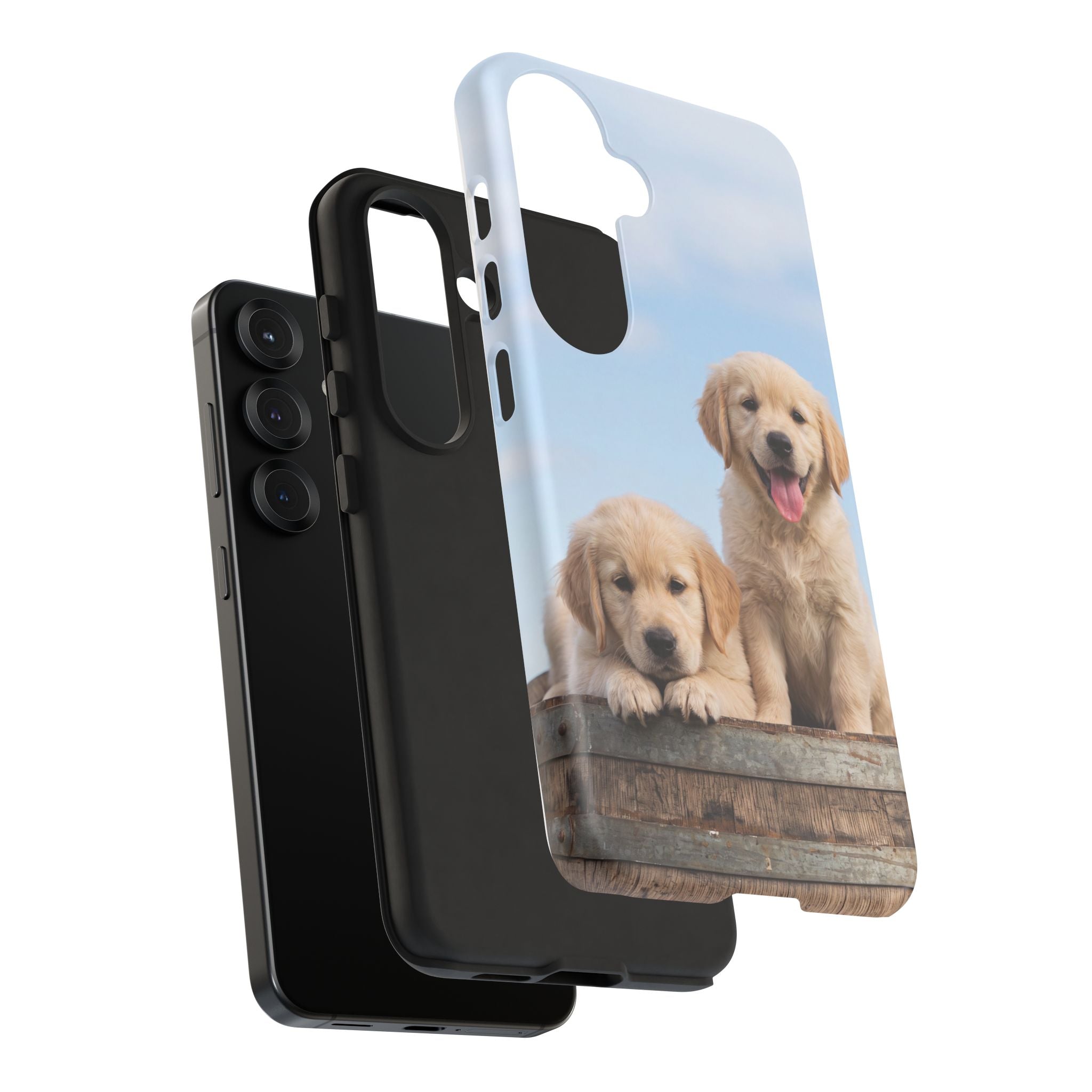 Golden Retriever Puppies on Barrel Phone Case | Cute Duo Under Blue Sky | iPhone & Samsung