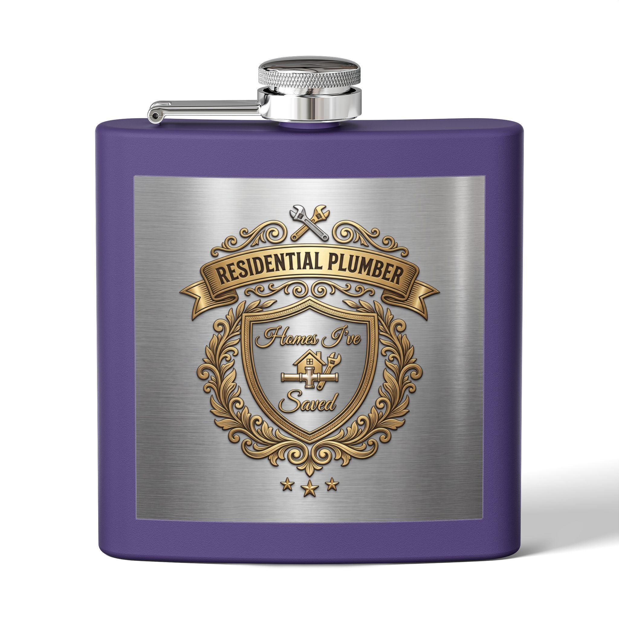 Flask — "Residential Plumber: Homes I've Saved" 6oz Stainless Steel Hip Flask