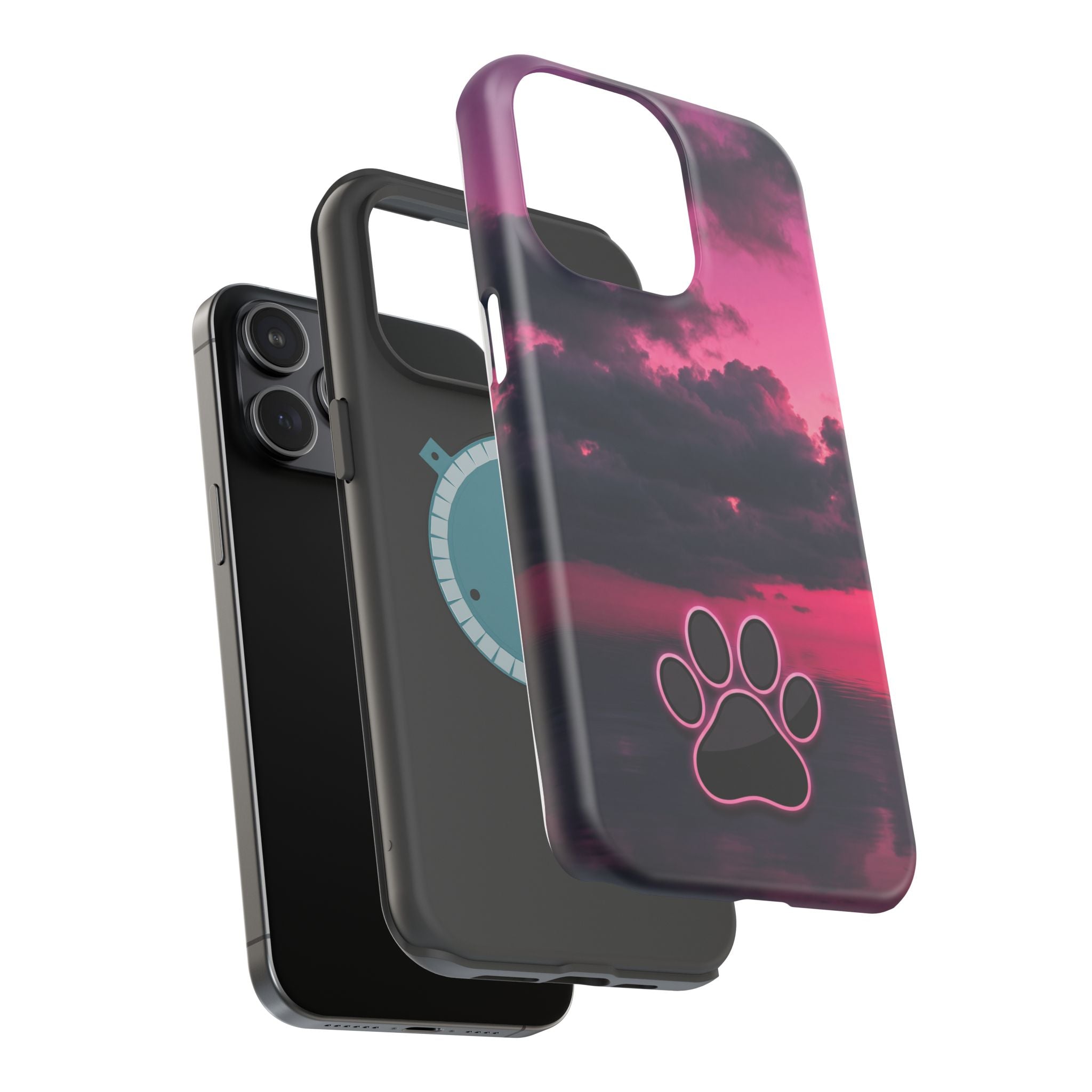 iPhone & Samsung Magnetic Impact-Resistant Phone Case — Pink Twilight Cloud with Paw Print