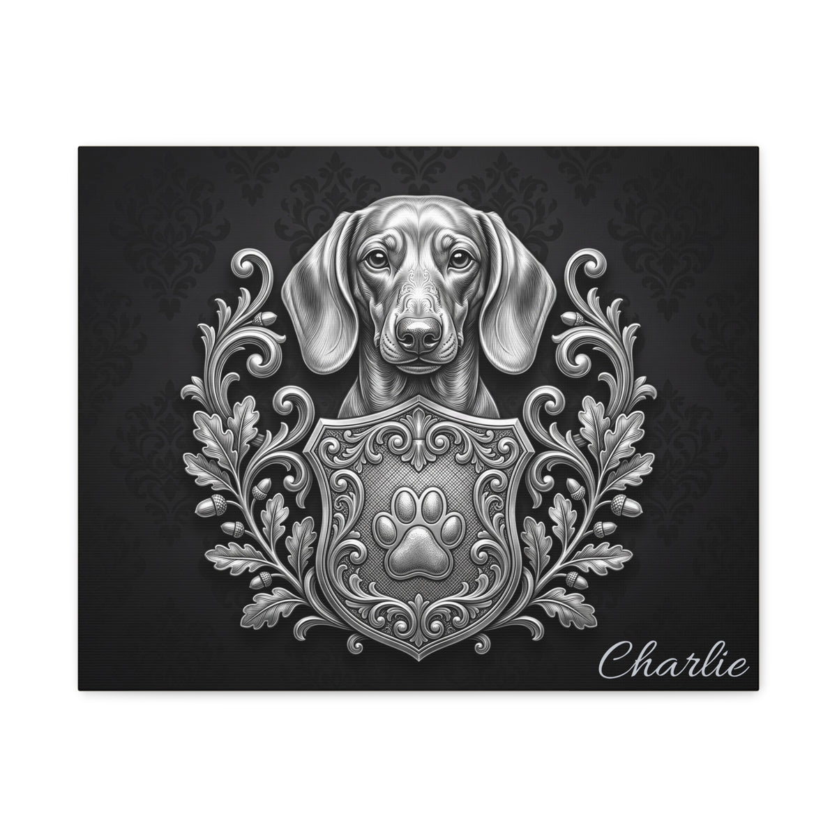 Dachshund Personalized Canvas | Silver Heraldic Crest Wall Art