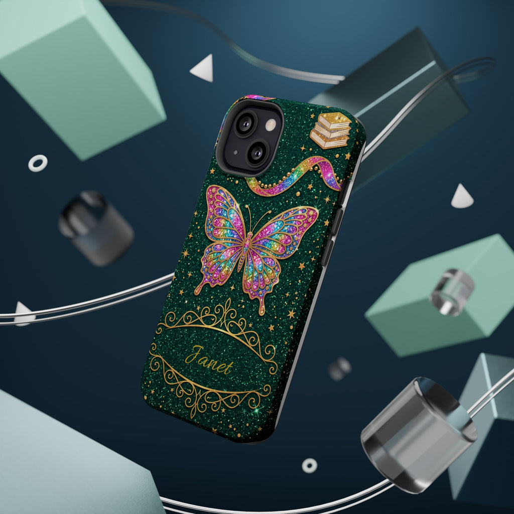 Rainbow Glitter Butterfly Personalized Teacher Phone Case — Wireless Charging Cover
