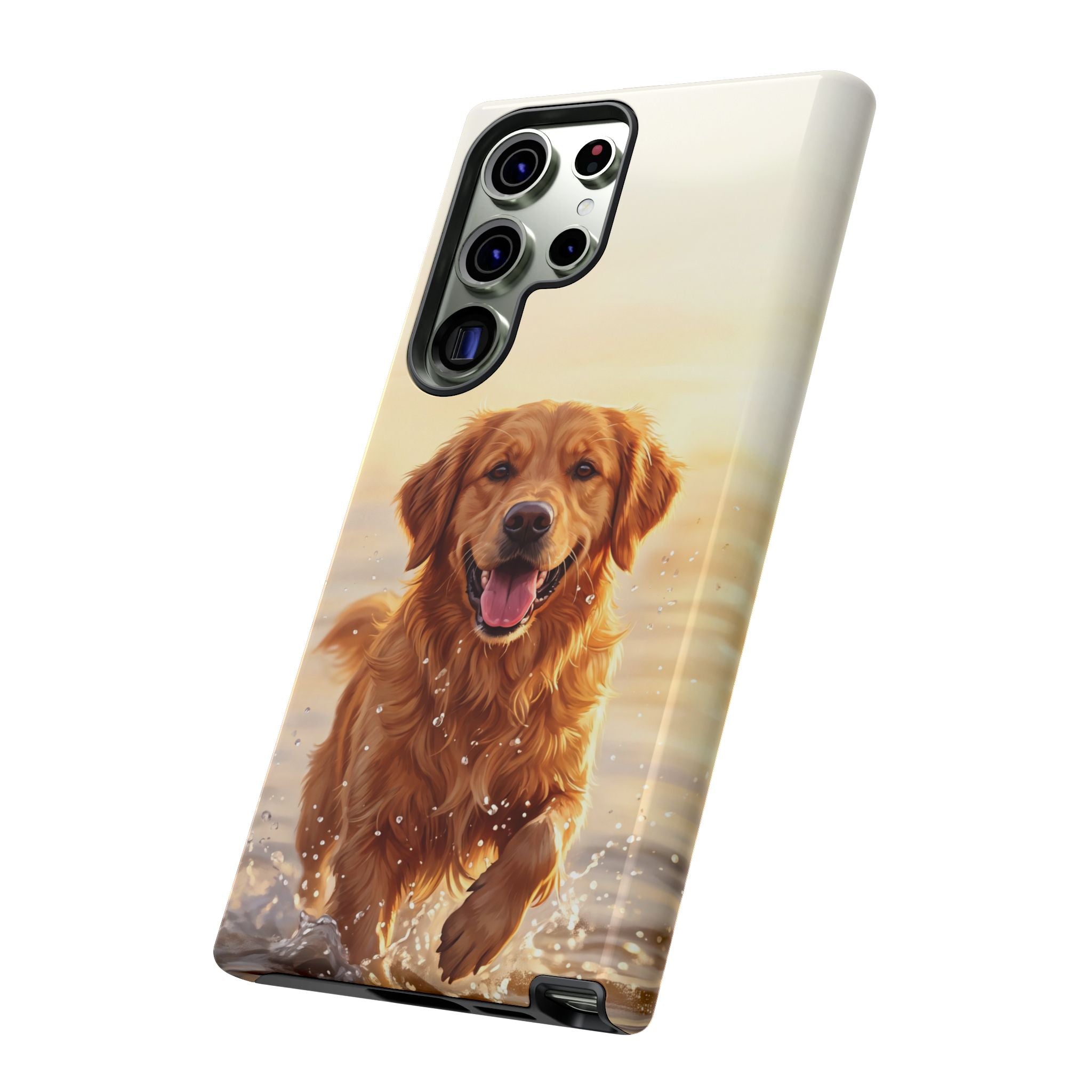 Golden Retriever Splashing in Water Phone Case | Joyful Dog at Golden Hour | iPhone & Samsung