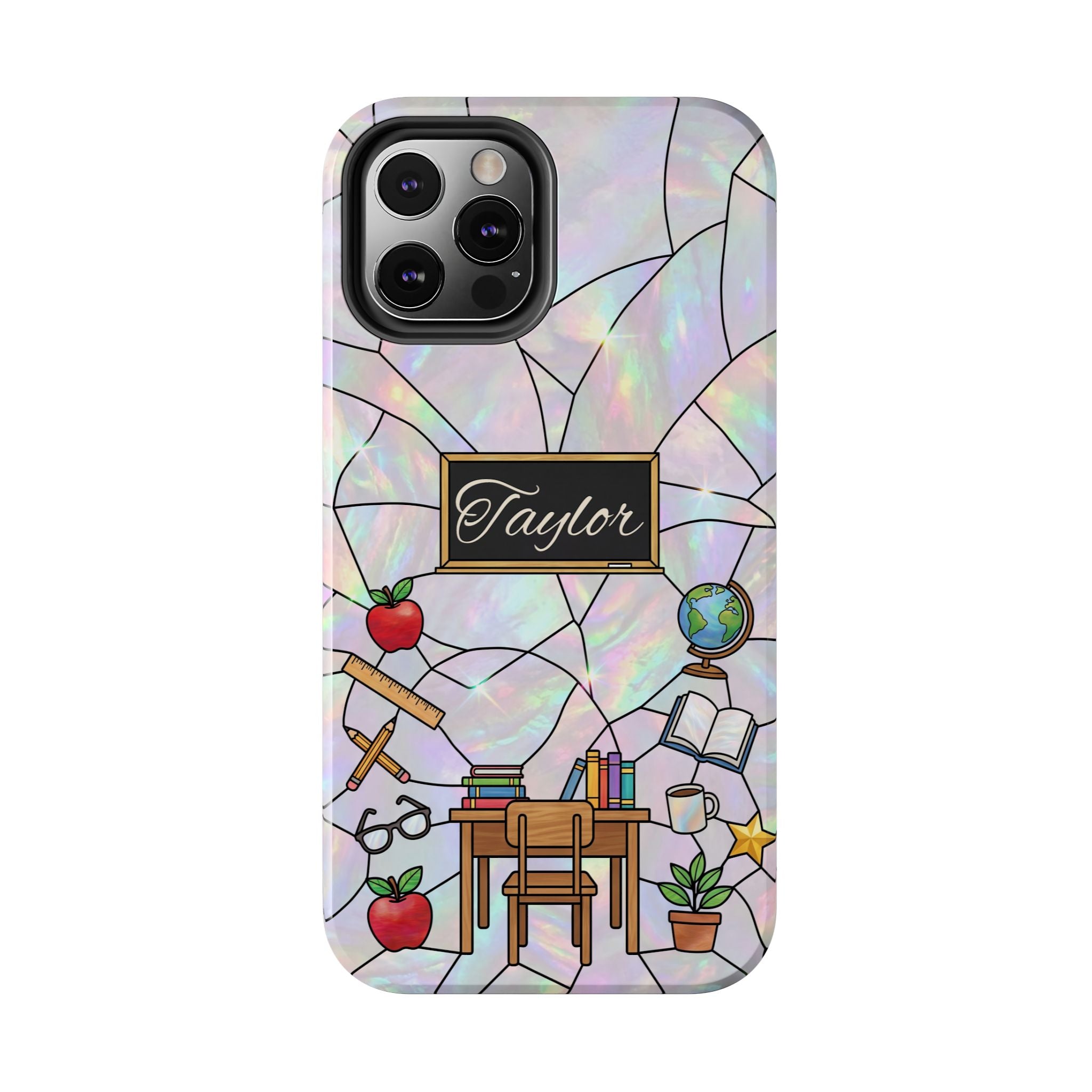 Personalized Teacher Phone Case — Custom Name Stained Glass Classroom Design
