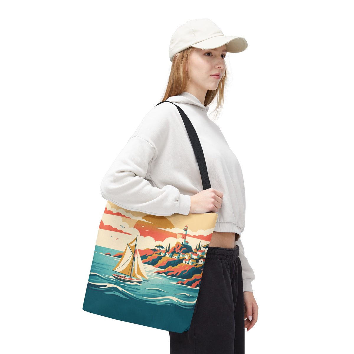 Coastal Lighthouse Sailboat Tote Bag – Retro Seaside Sunset Beach Bag